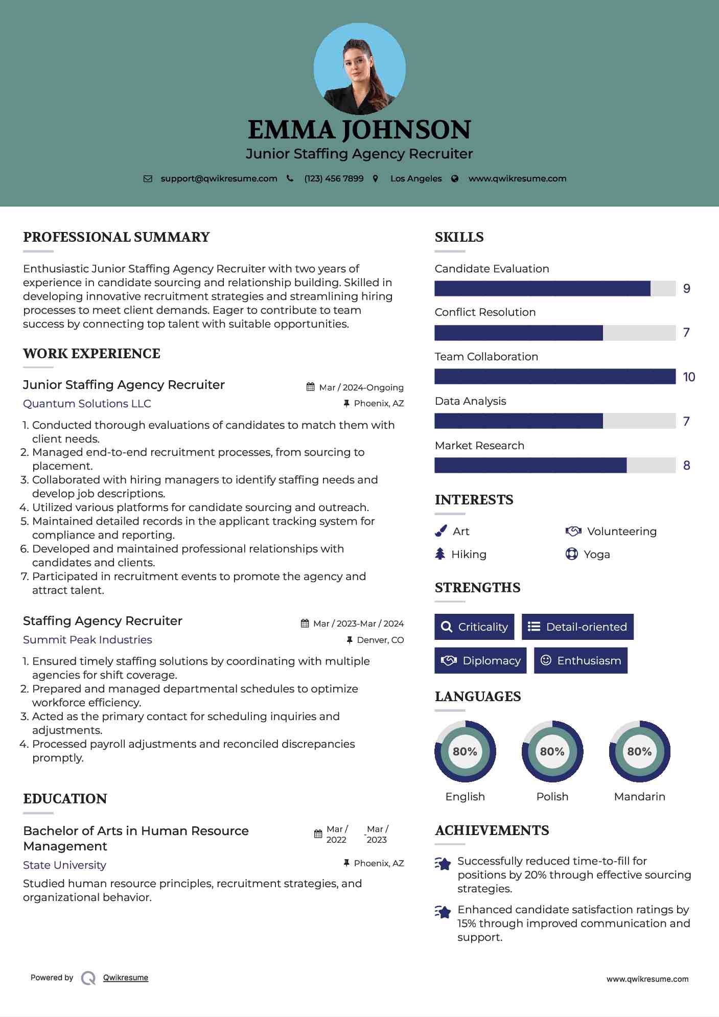 Junior Staffing Agency Recruiter Resume Model