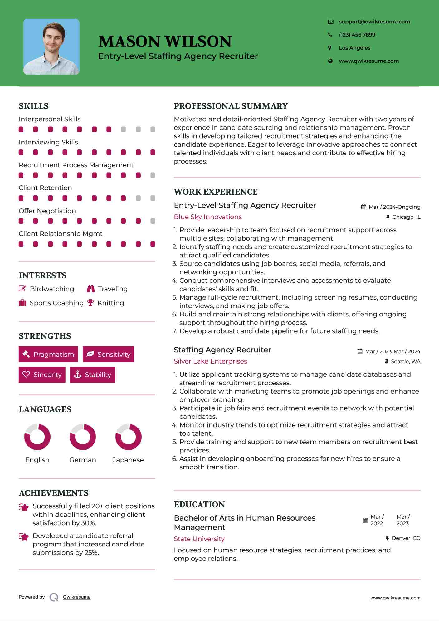 Entry-Level Staffing Agency Recruiter Resume Sample