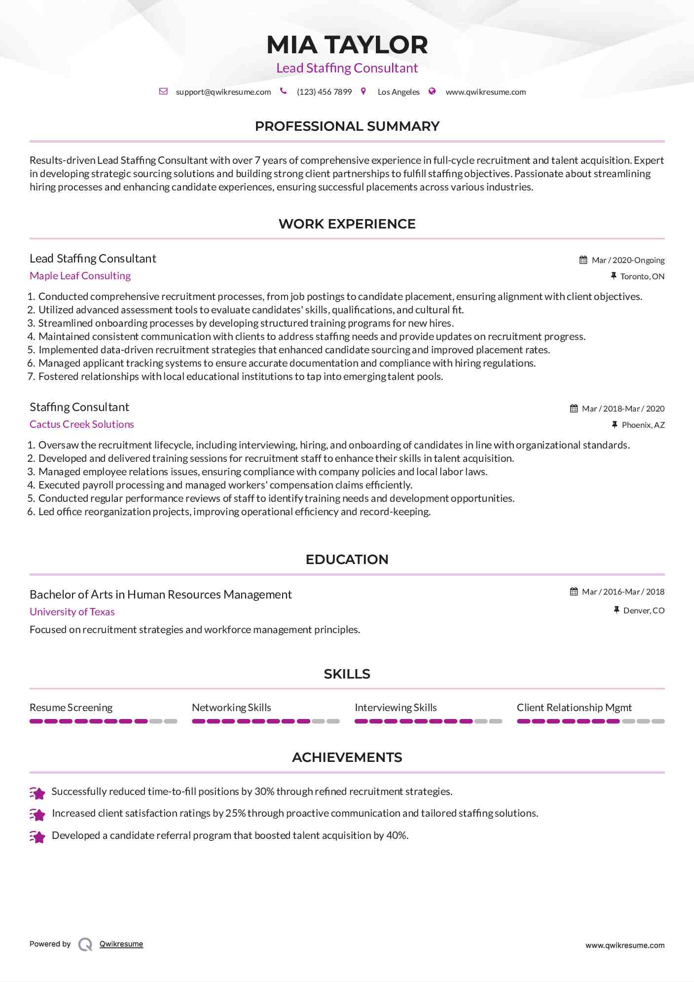 Lead Staffing Consultant Resume Template