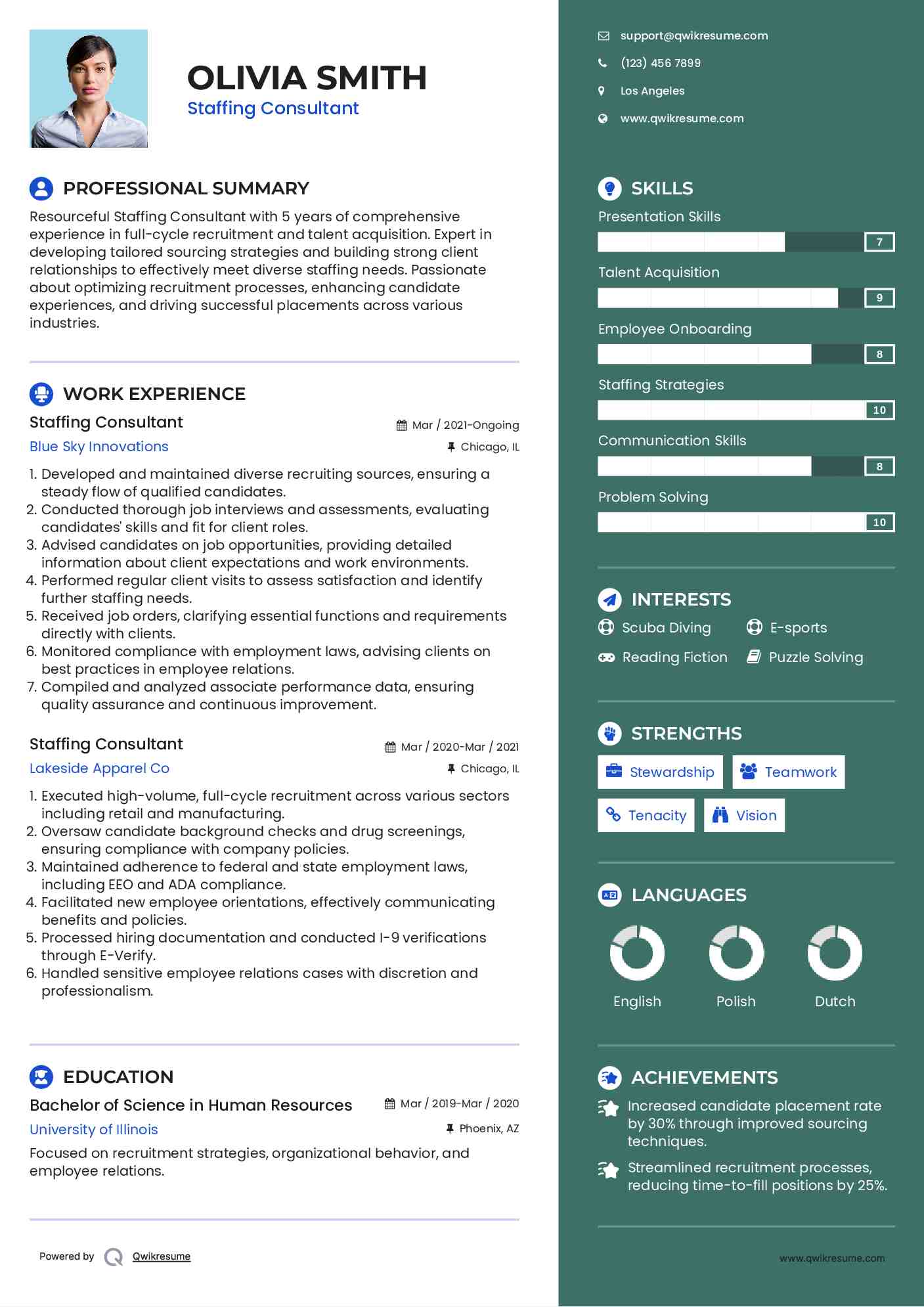 Staffing Consultant Resume Example