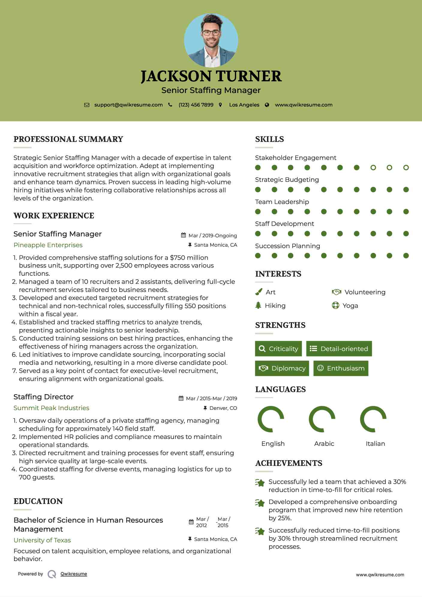 Senior Staffing Manager Resume Example