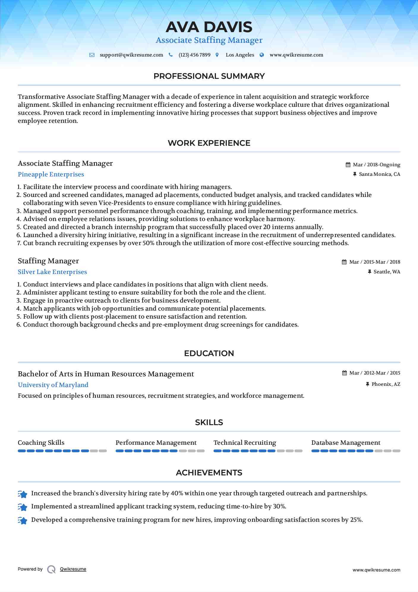 Associate Staffing Manager Resume Format
