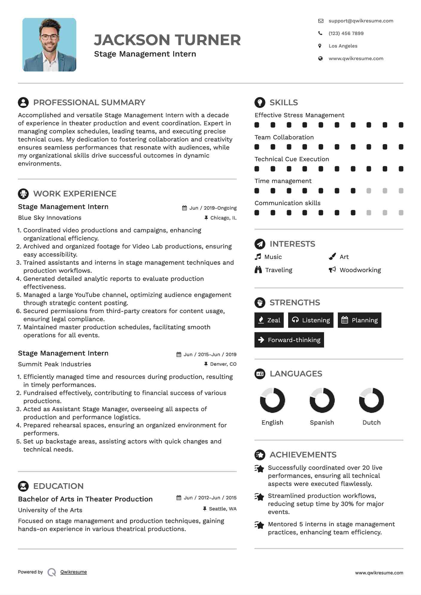 Stage Management Intern Resume Model