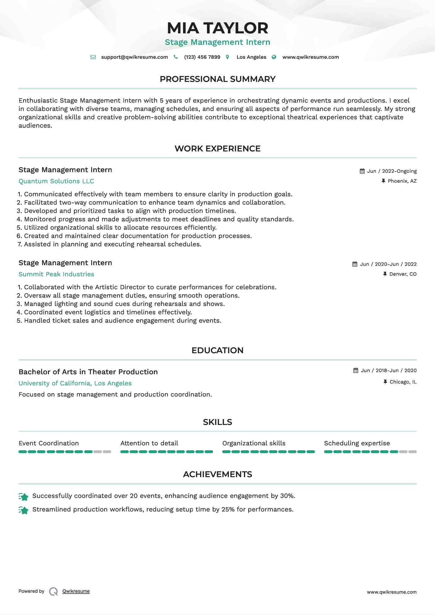 Stage Management Intern Resume Template
