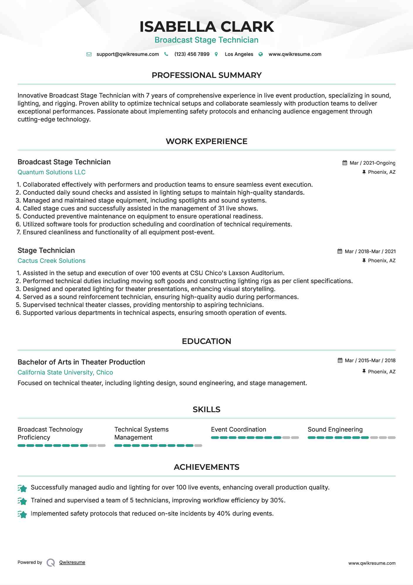 Broadcast Stage Technician Resume Example