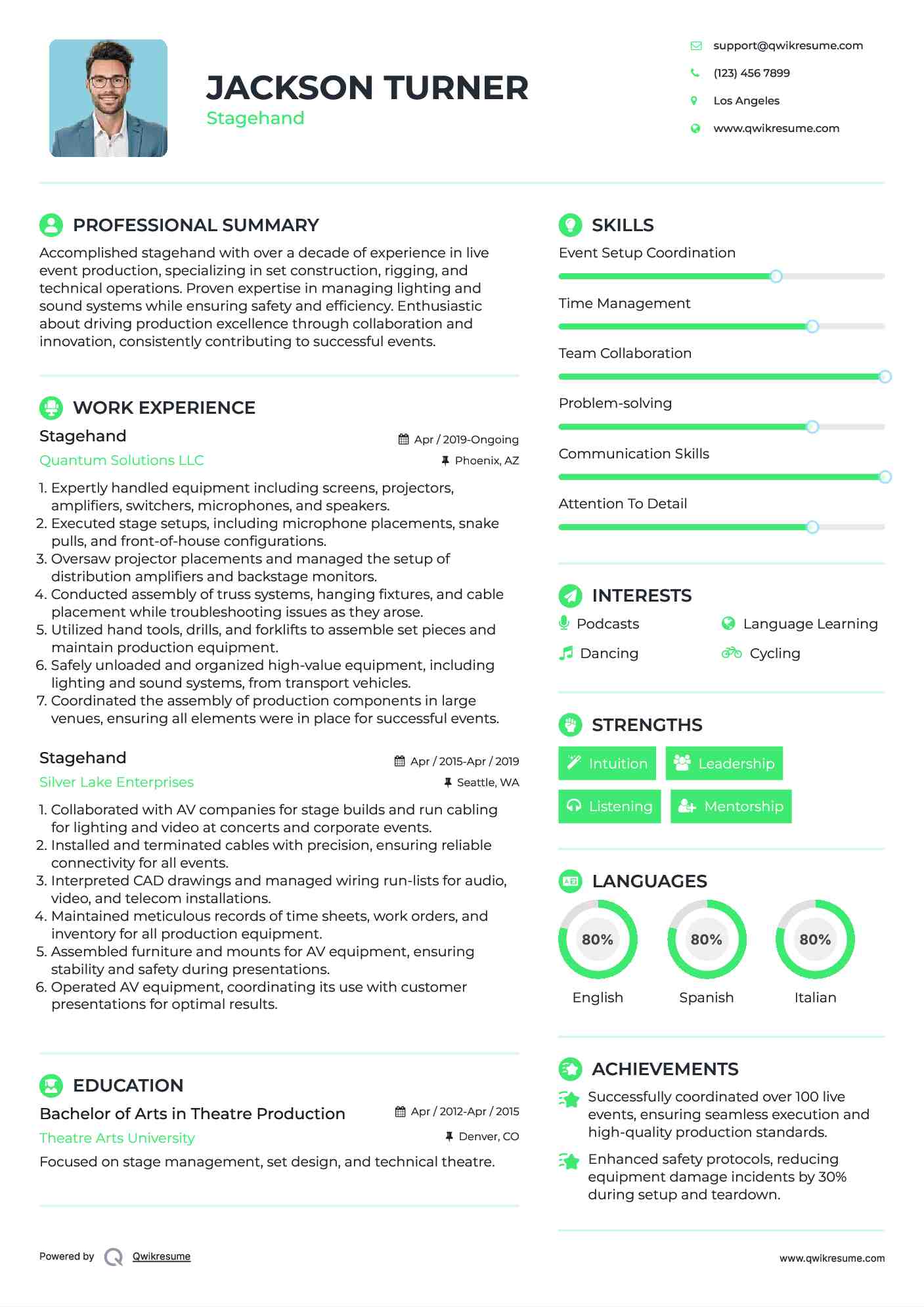 Stagehand Resume Sample
