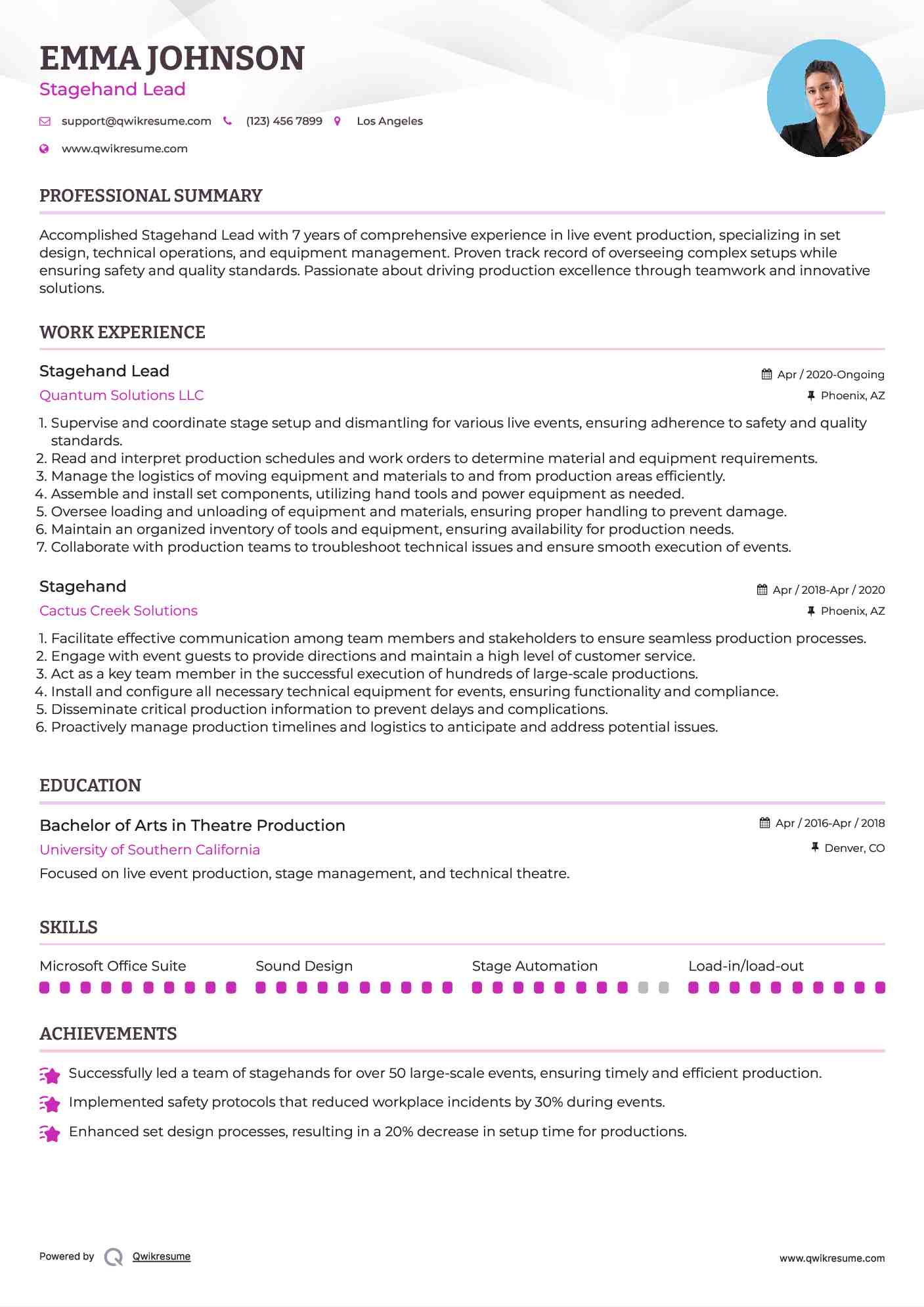 Stagehand Lead Resume Model