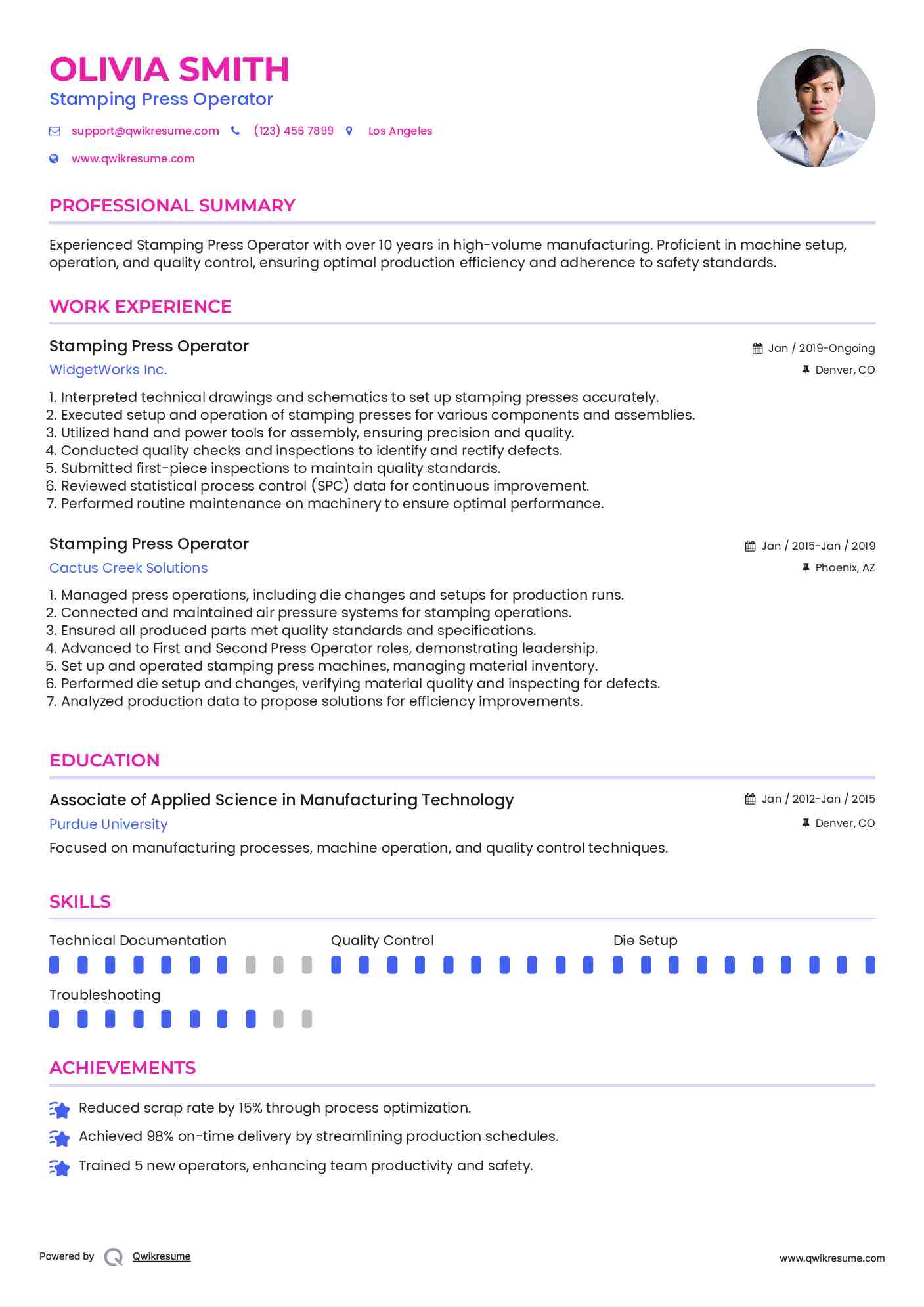 Stamping Press Operator Resume Example