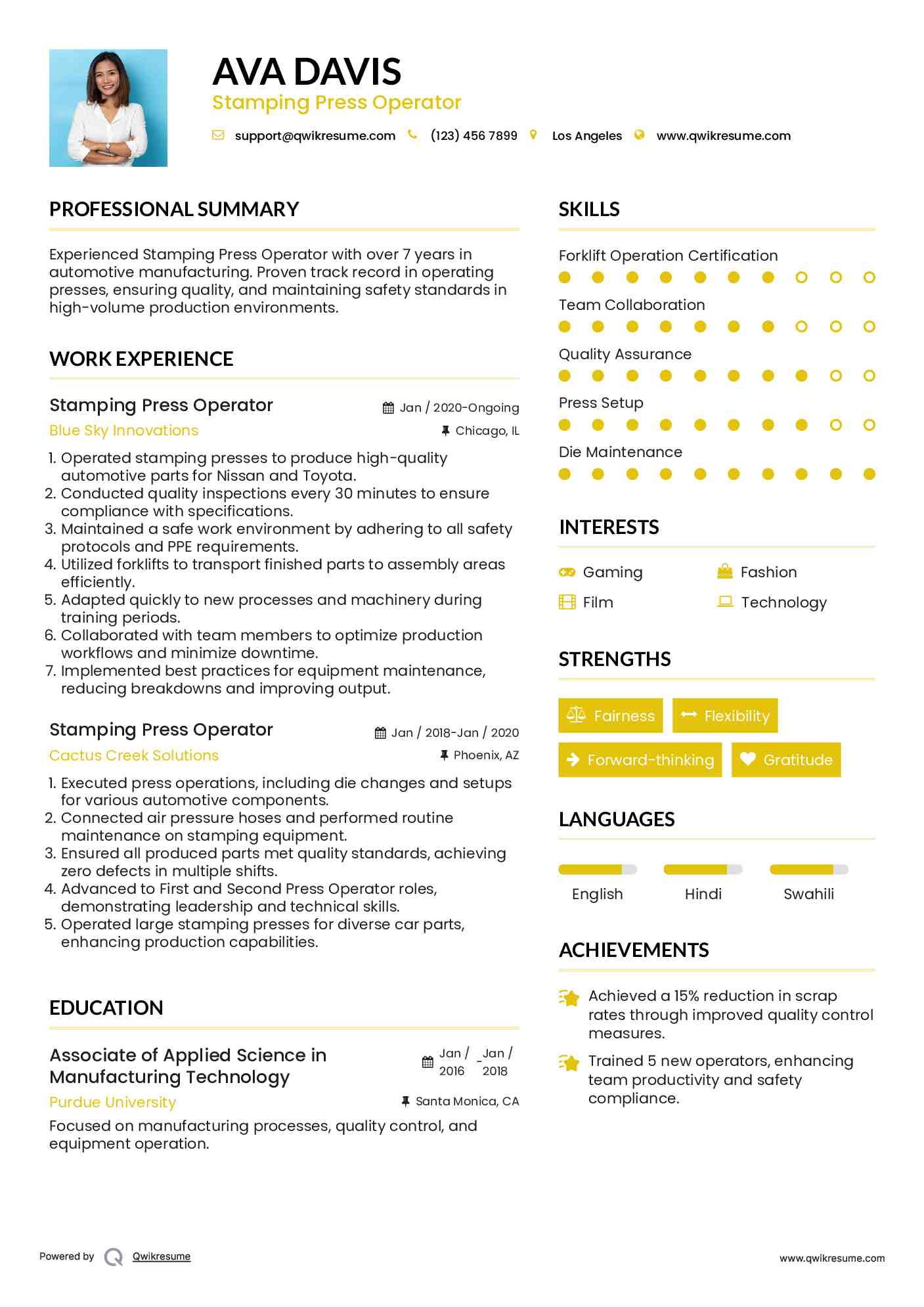 Stamping Press Operator Resume Sample