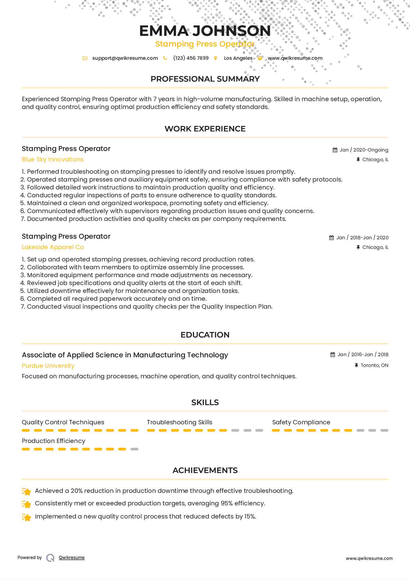 Stamping Press Operator Resume Format