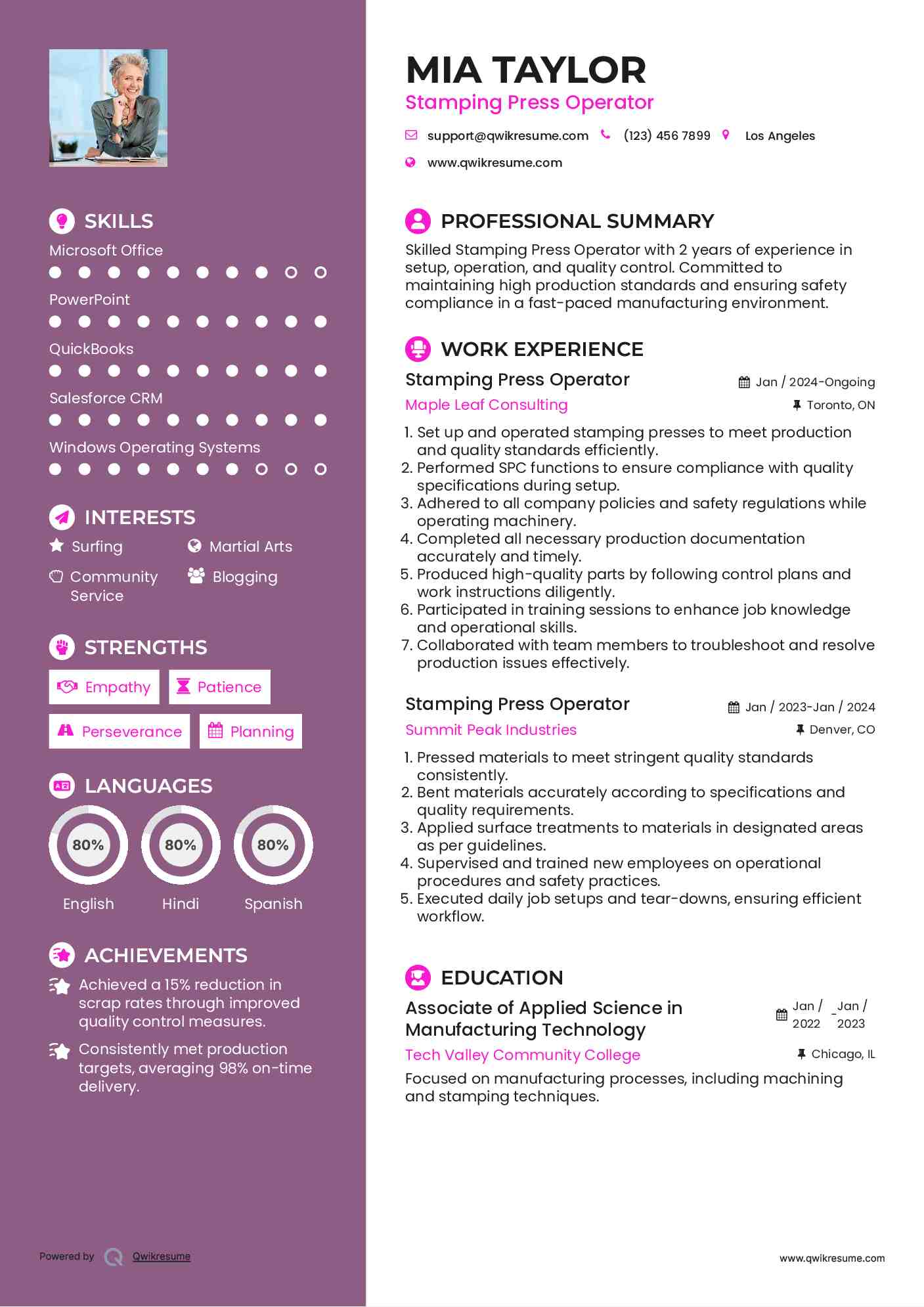 Stamping Press Operator Resume Format