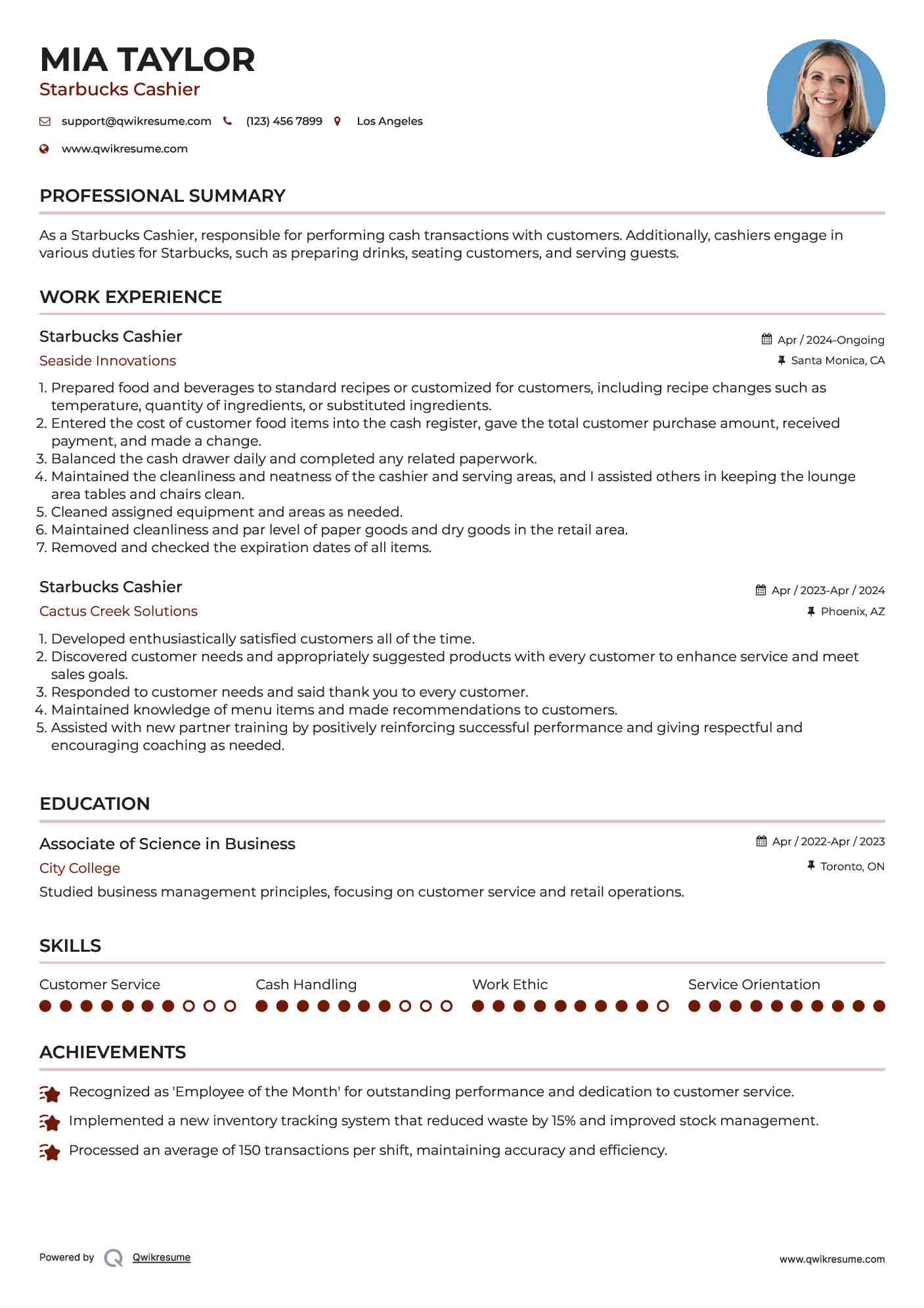 Starbucks Cashier Resume Template