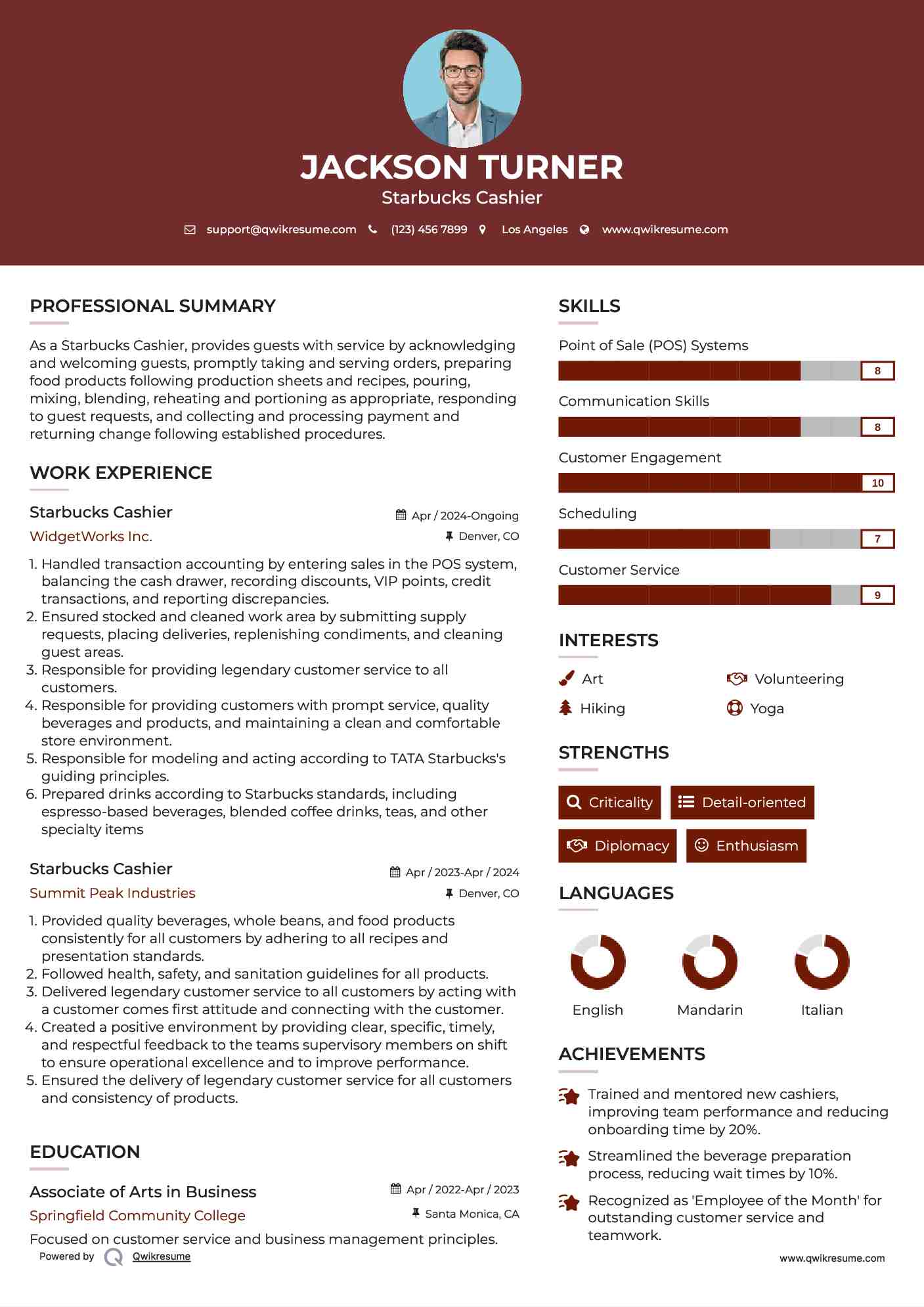 Starbucks Cashier Resume Example
