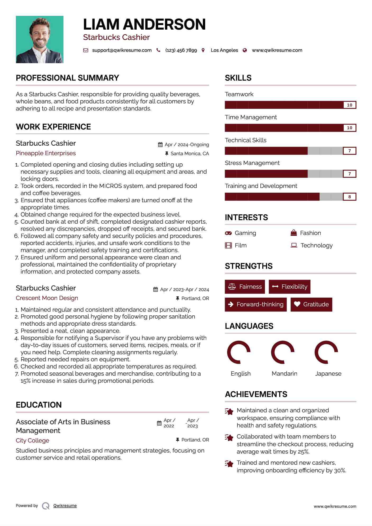 Starbucks Cashier Resume Model
