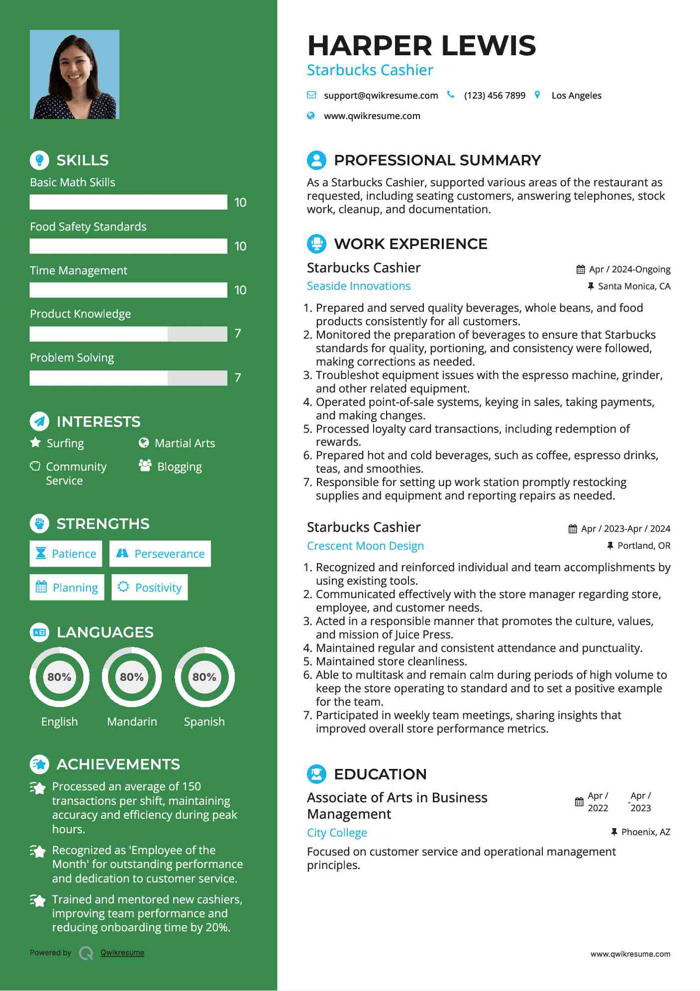 Starbucks Cashier Resume Example