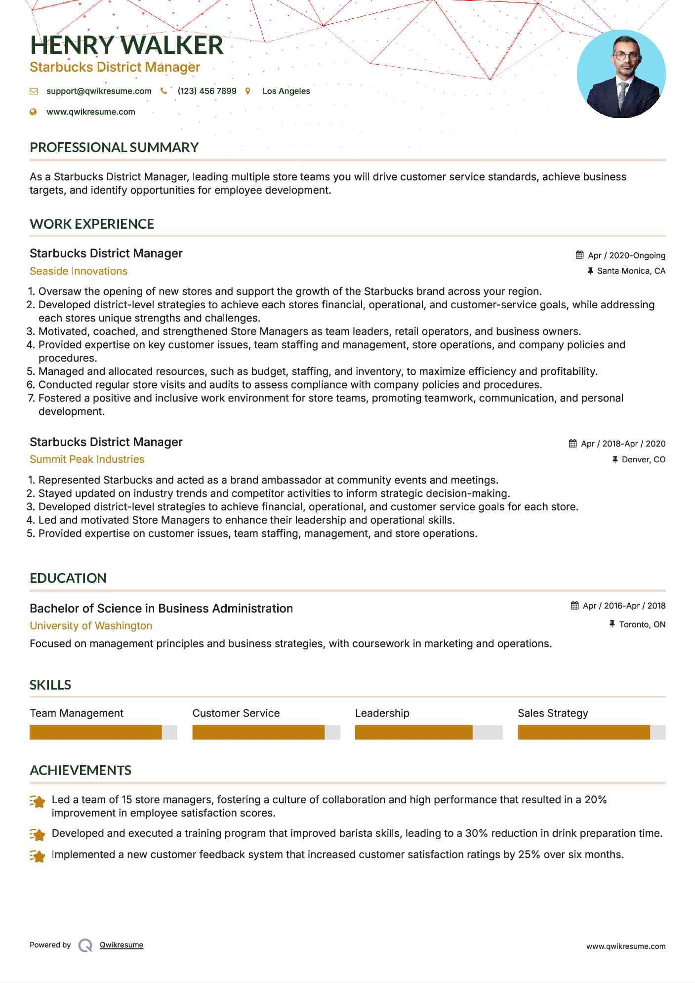 Starbucks District Manager Resume Sample