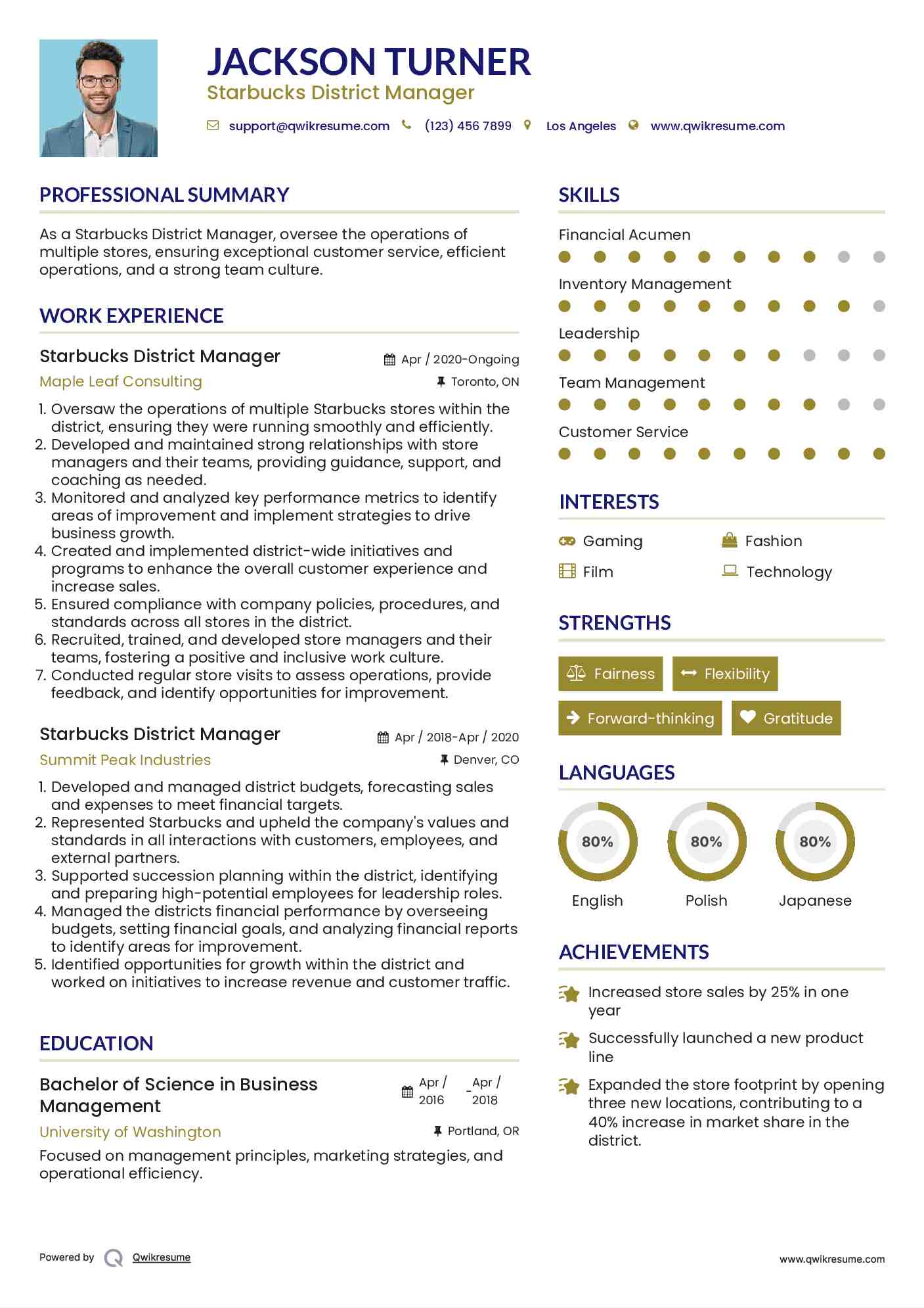 Starbucks District Manager Resume Template