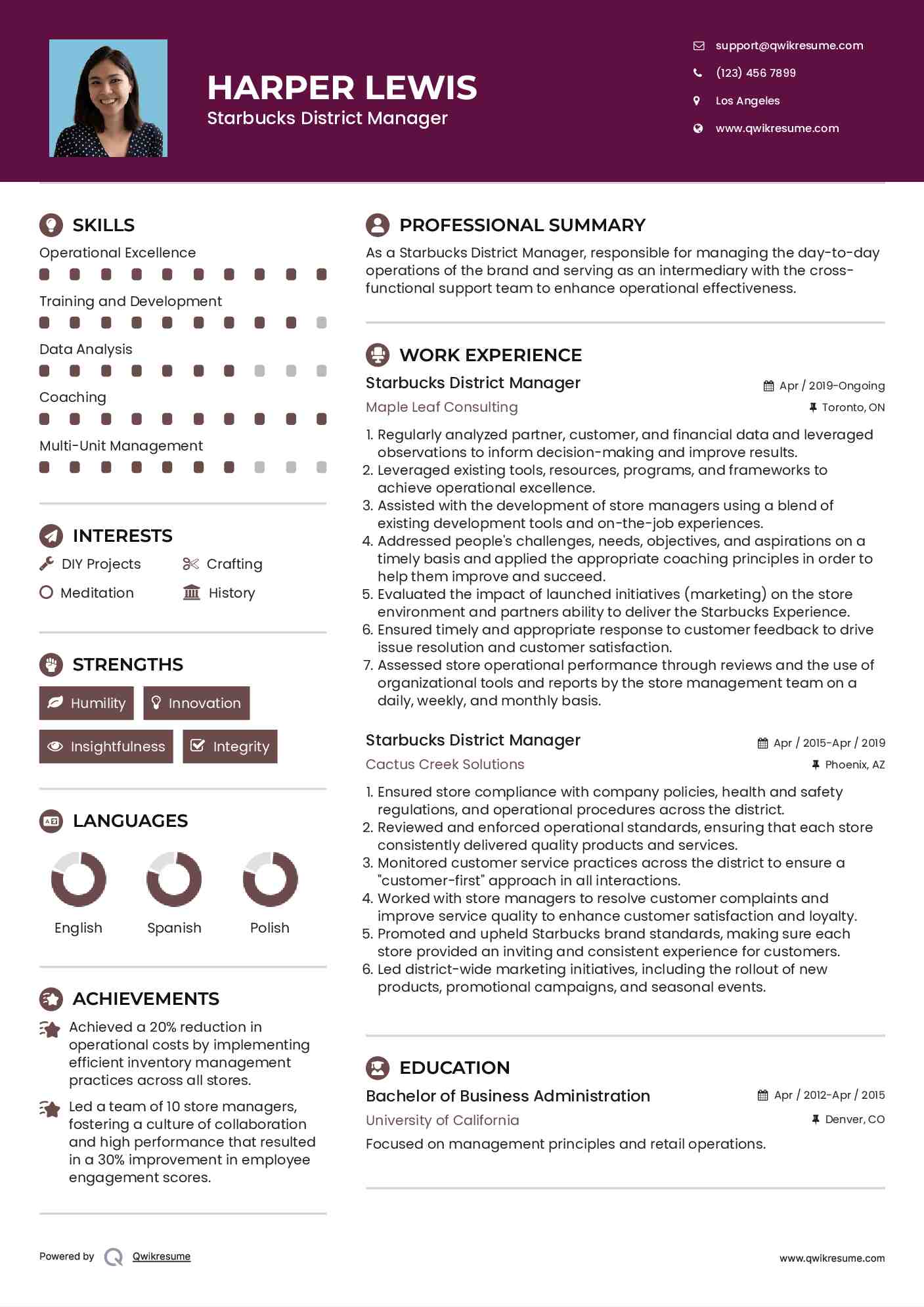 Starbucks District Manager Resume Sample