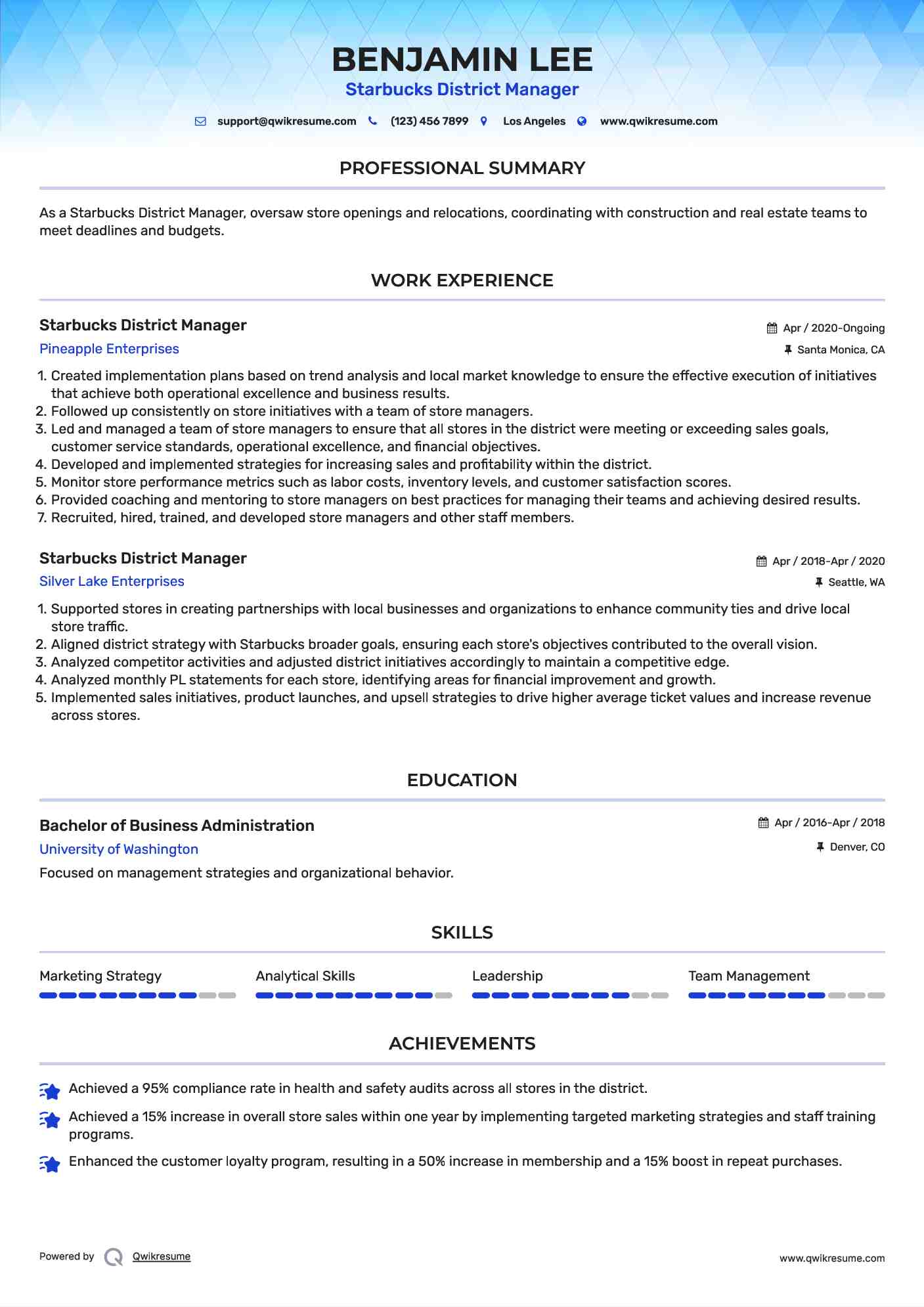 Starbucks District Manager Resume Format