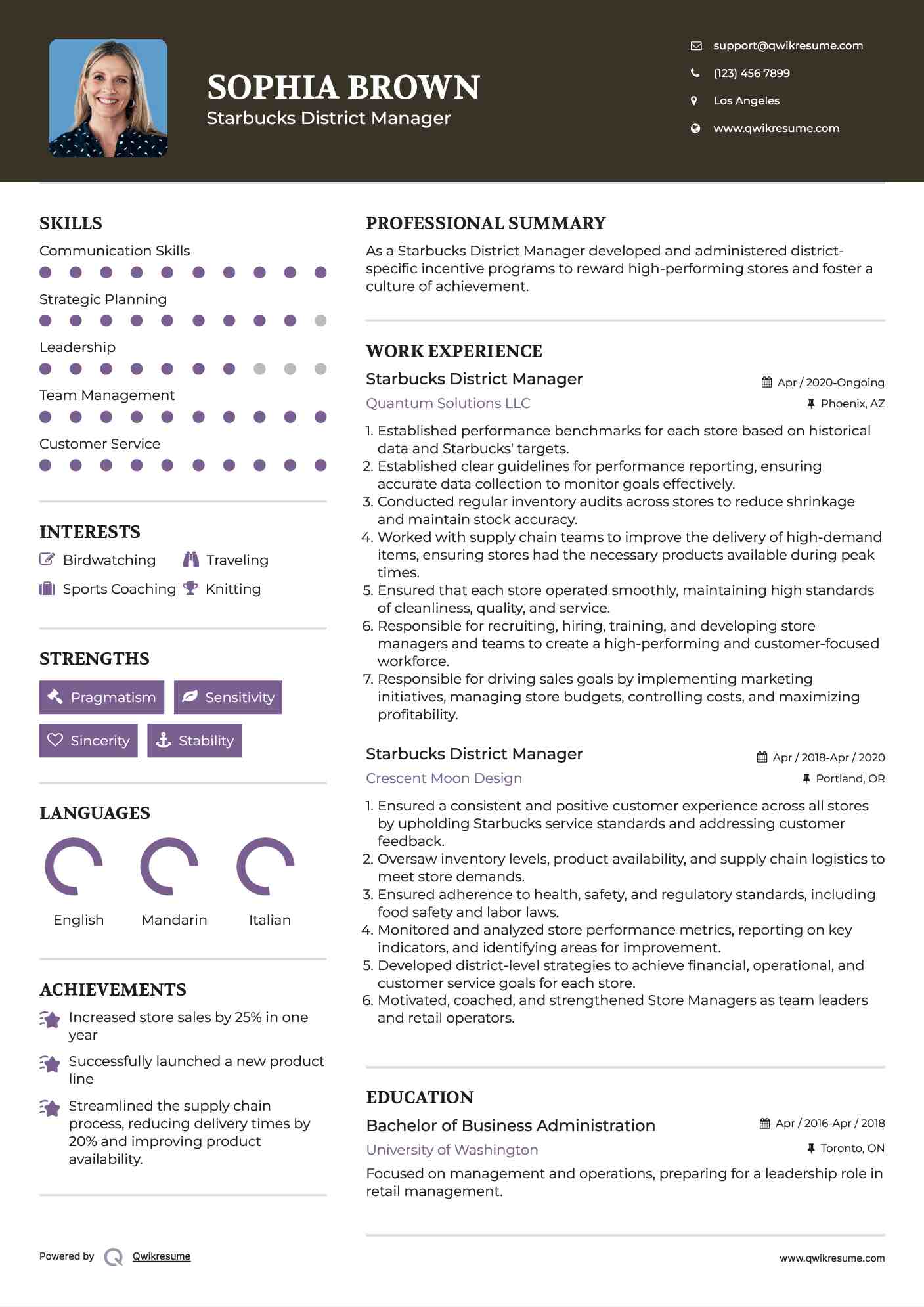 Starbucks District Manager Resume Sample