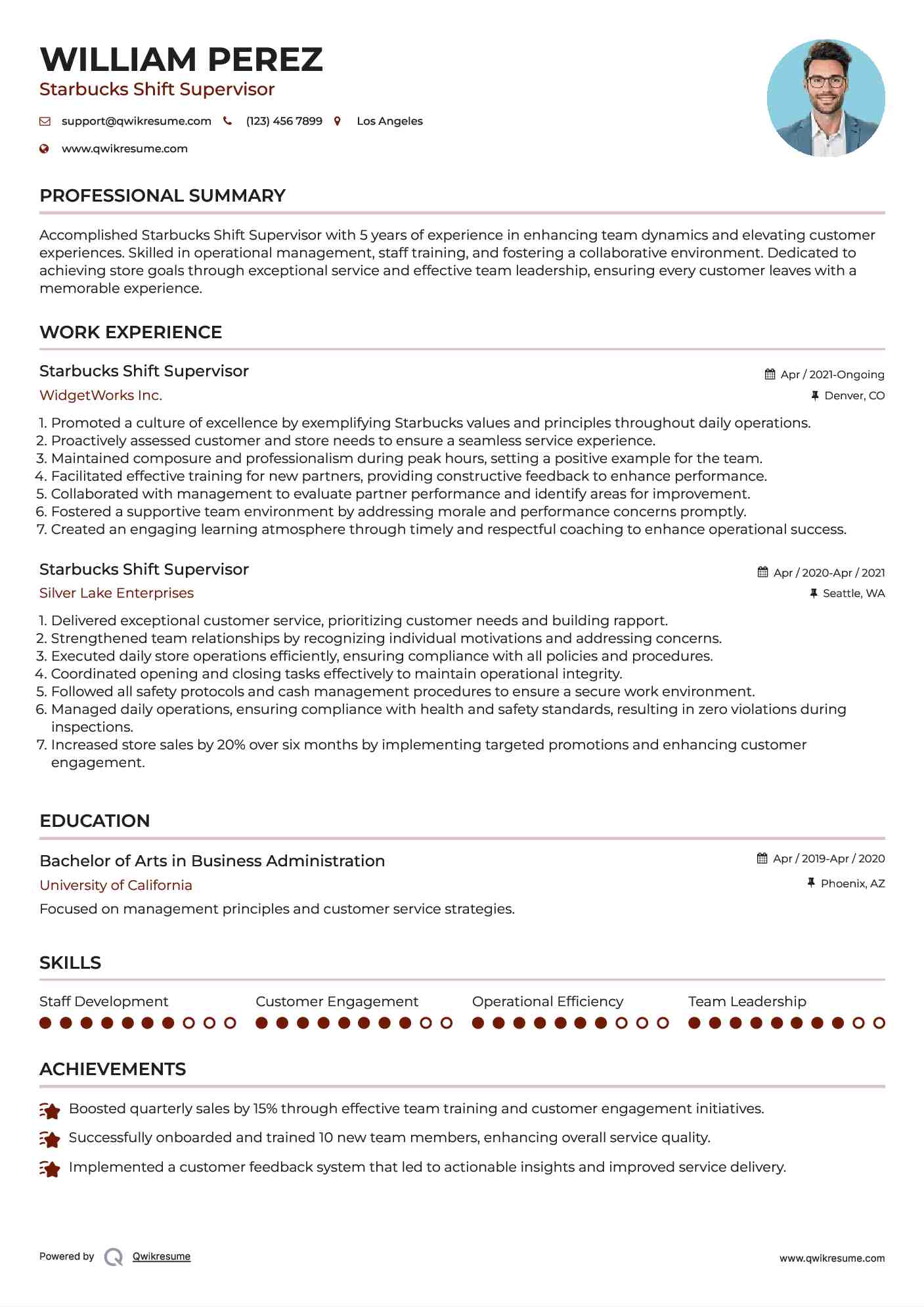 Starbucks Shift Supervisor Resume Example