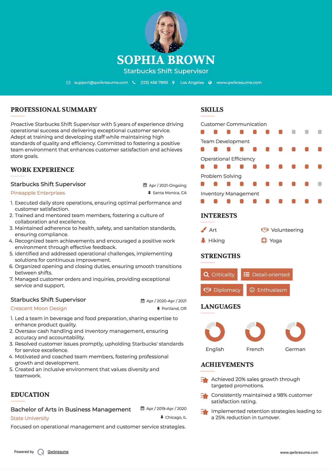 Starbucks Shift Supervisor Resume Format