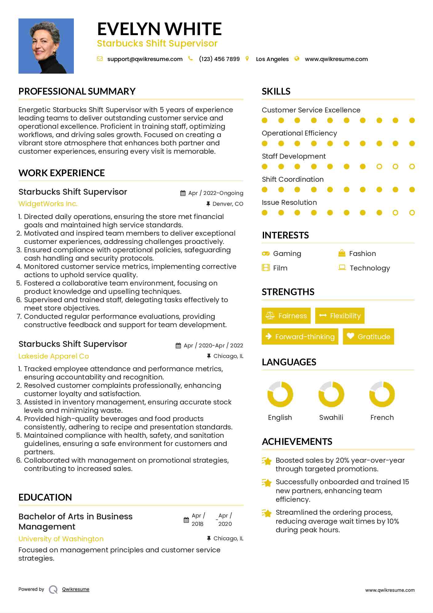 Starbucks Shift Supervisor Resume Model