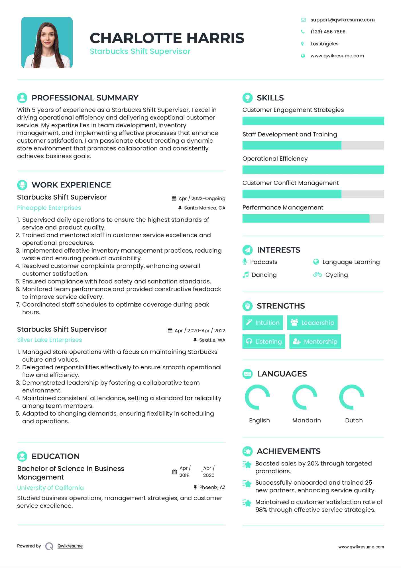 Starbucks Shift Supervisor Resume Sample