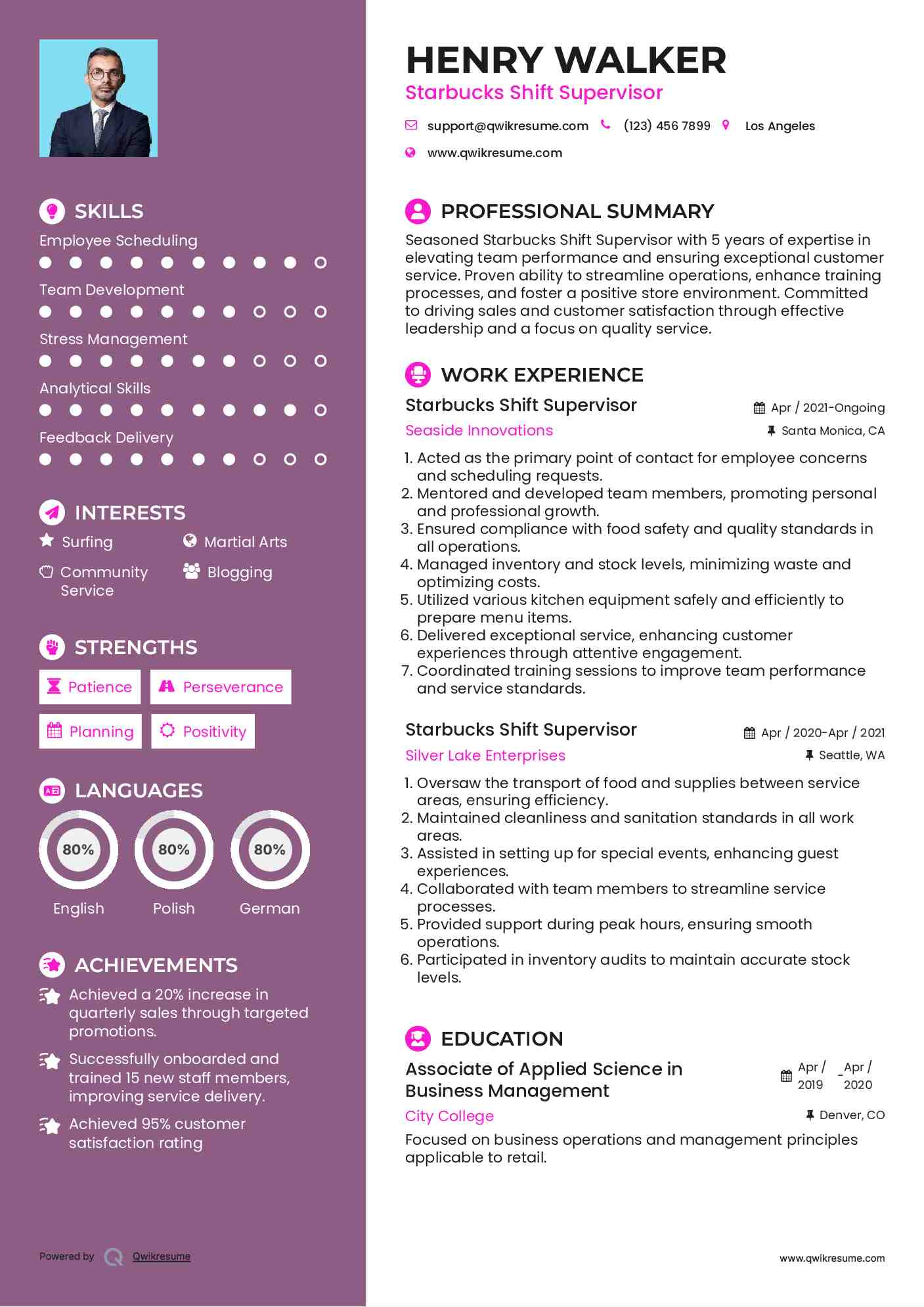 Starbucks Shift Supervisor Resume Model