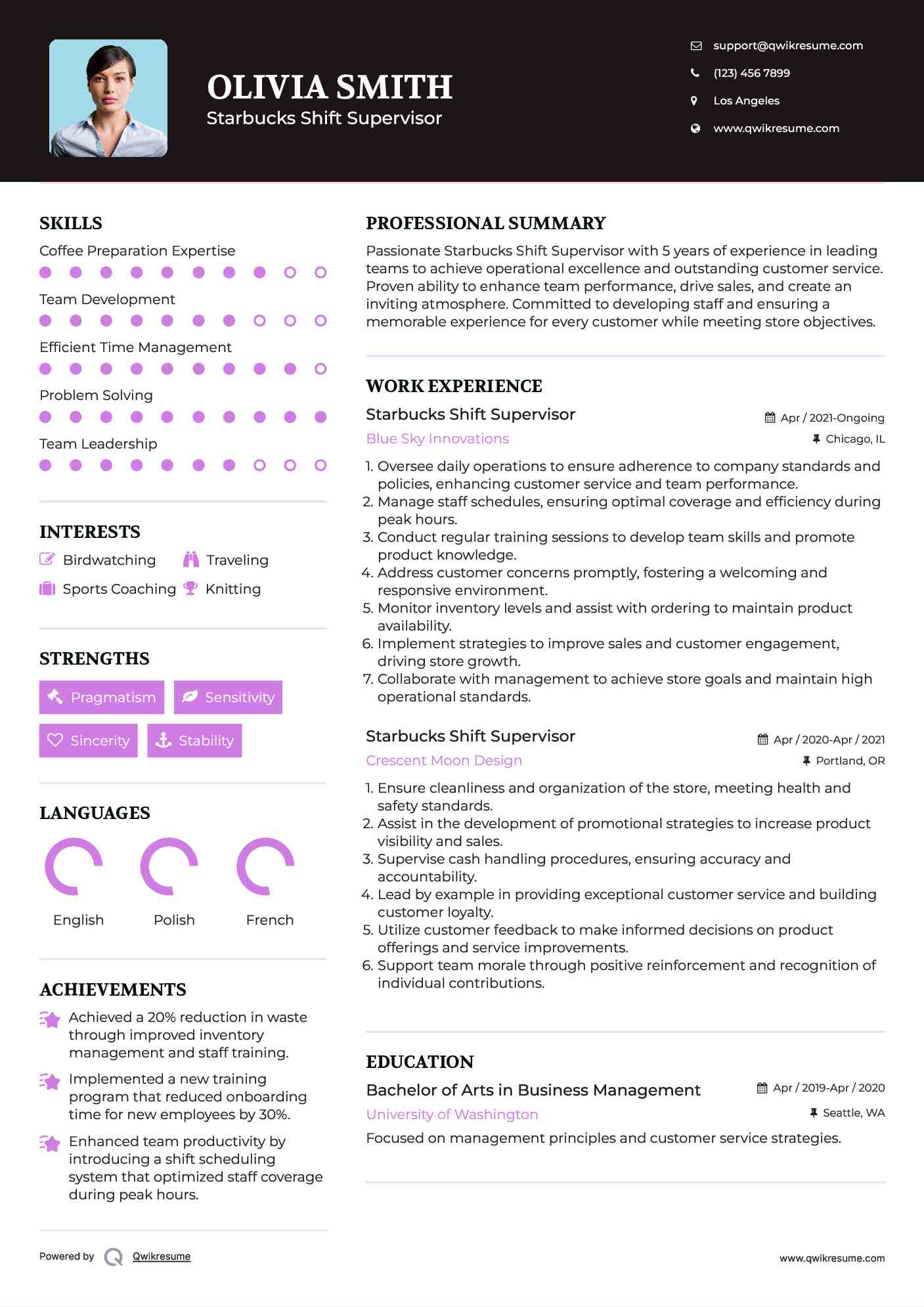 Starbucks Shift Supervisor Resume Sample