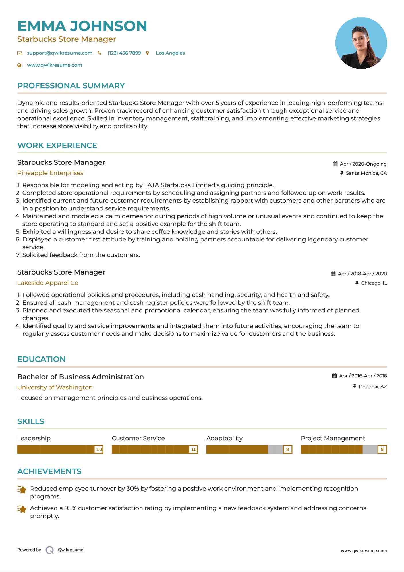 Starbucks Store Manager Resume Model