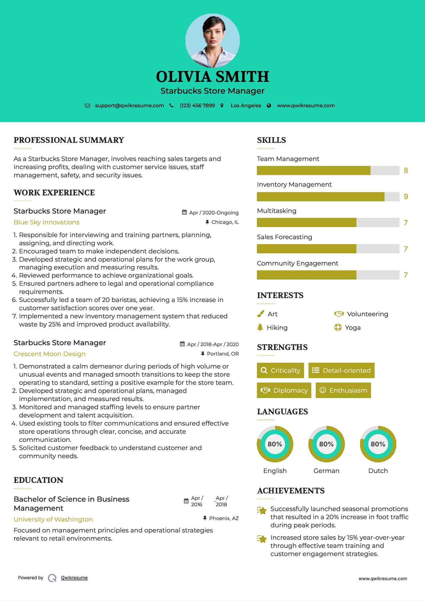 Starbucks Store Manager Resume Format