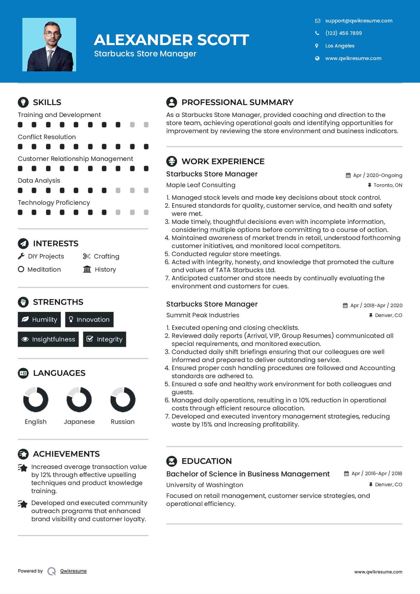 Starbucks Store Manager Resume Sample