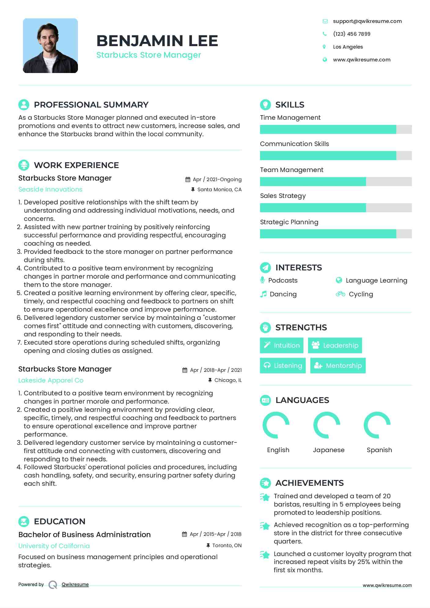 Starbucks Store Manager Resume Format