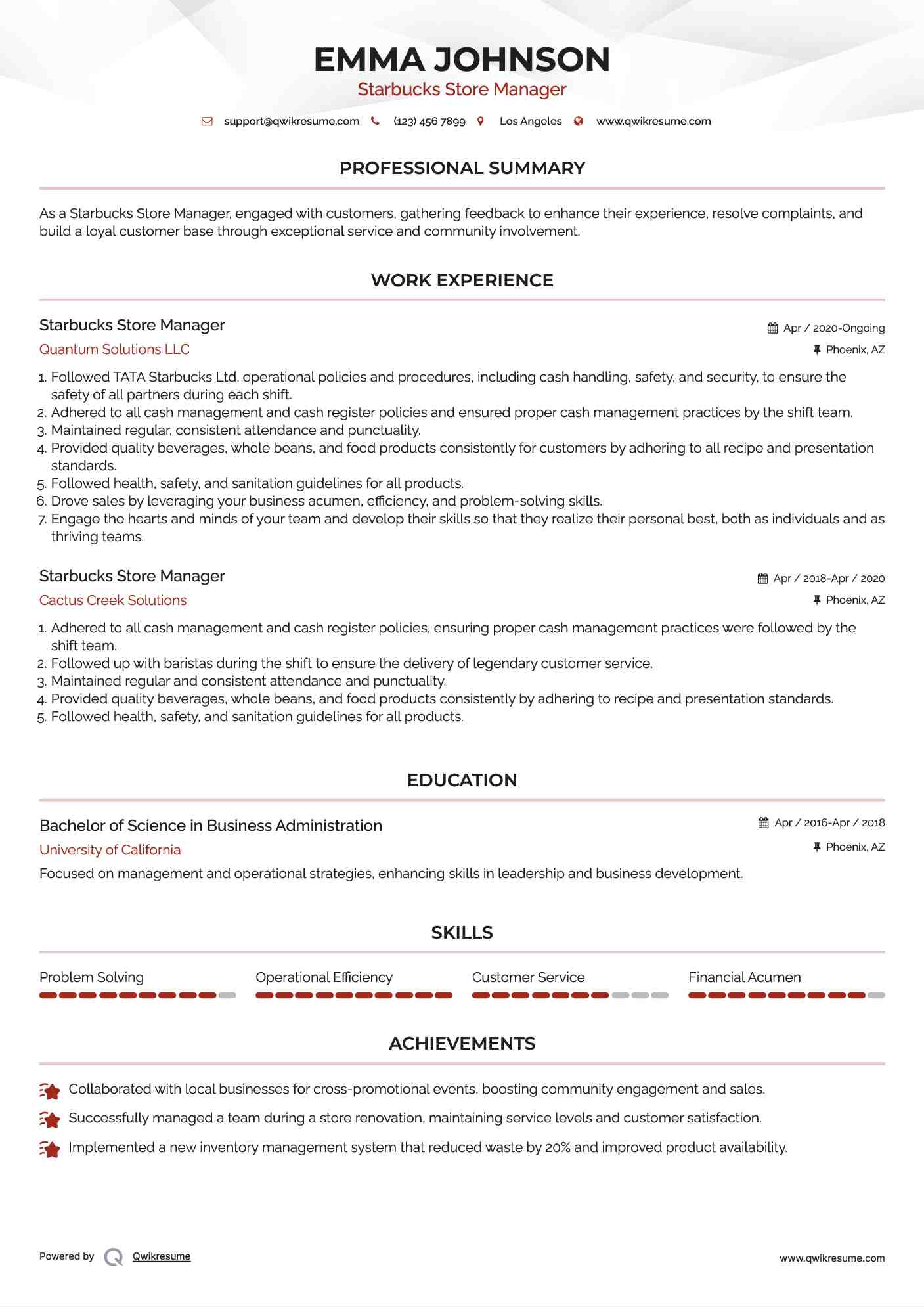 Starbucks Store Manager Resume Format