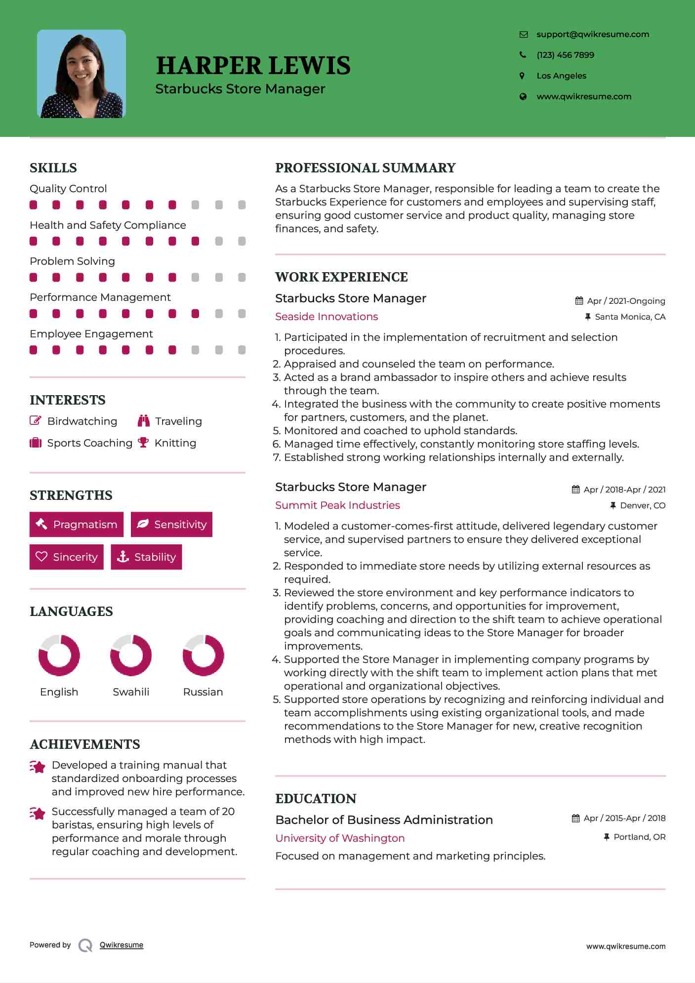 Starbucks Store Manager Resume Template