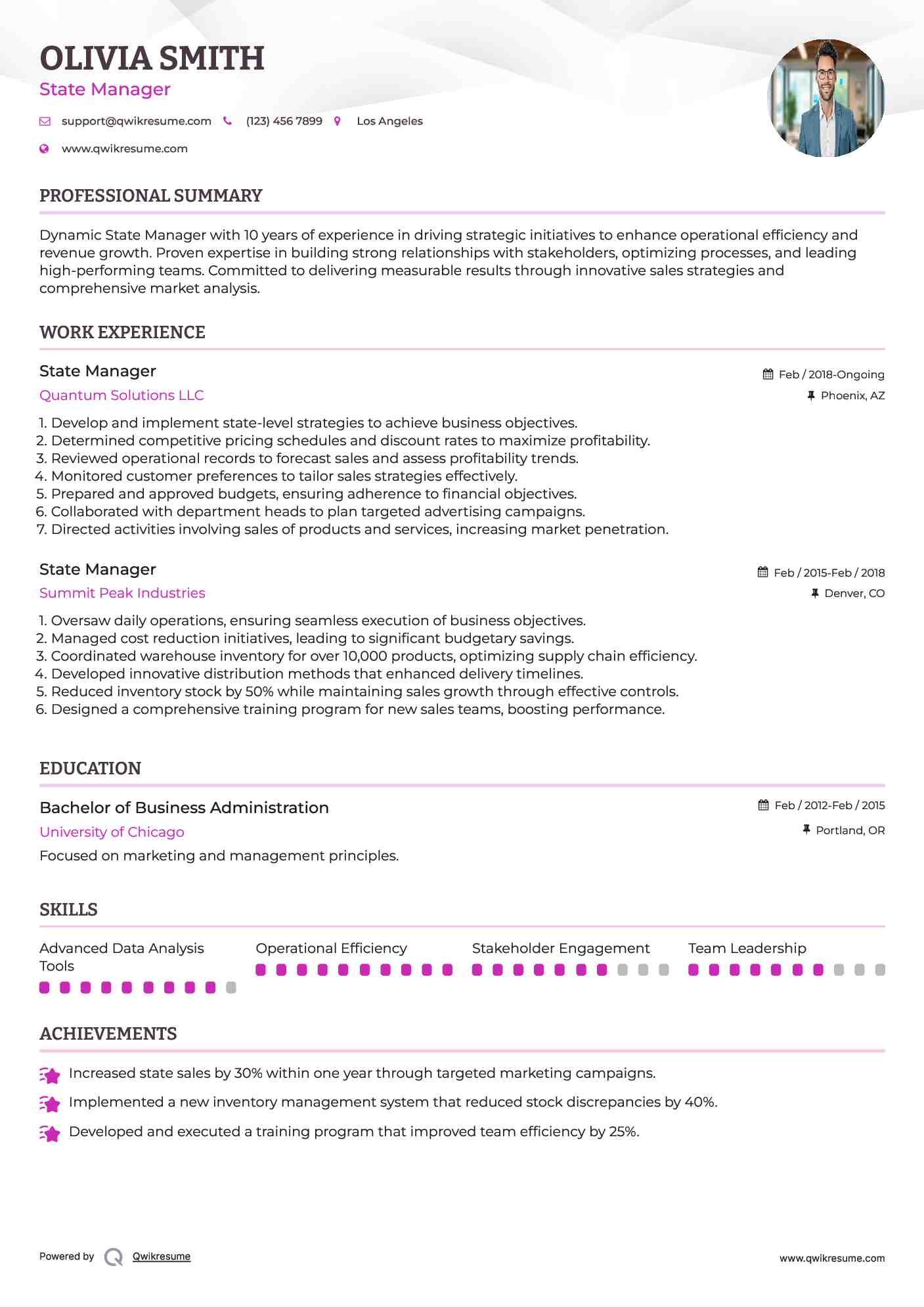 State Manager Resume Format