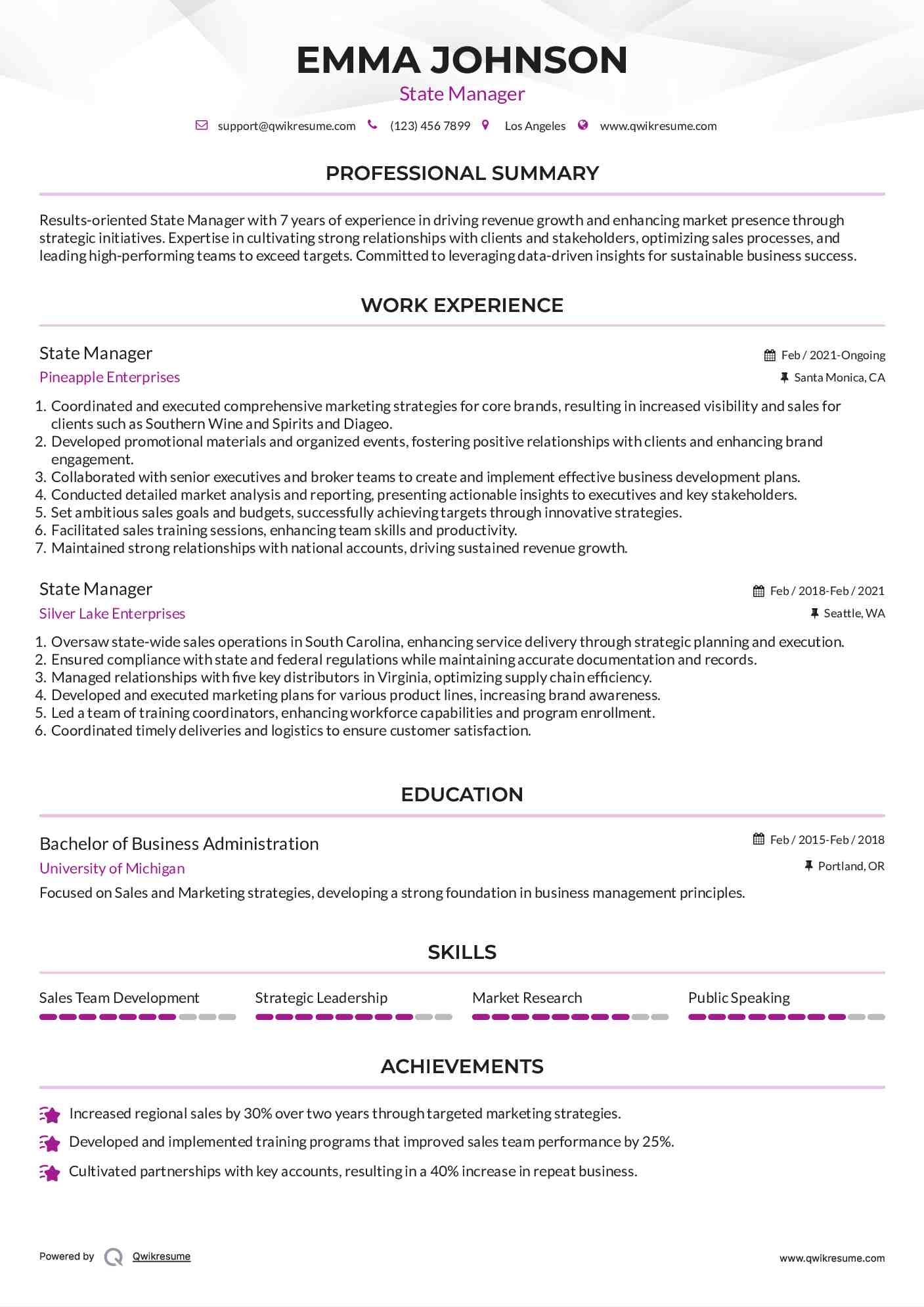 State Manager Resume Template