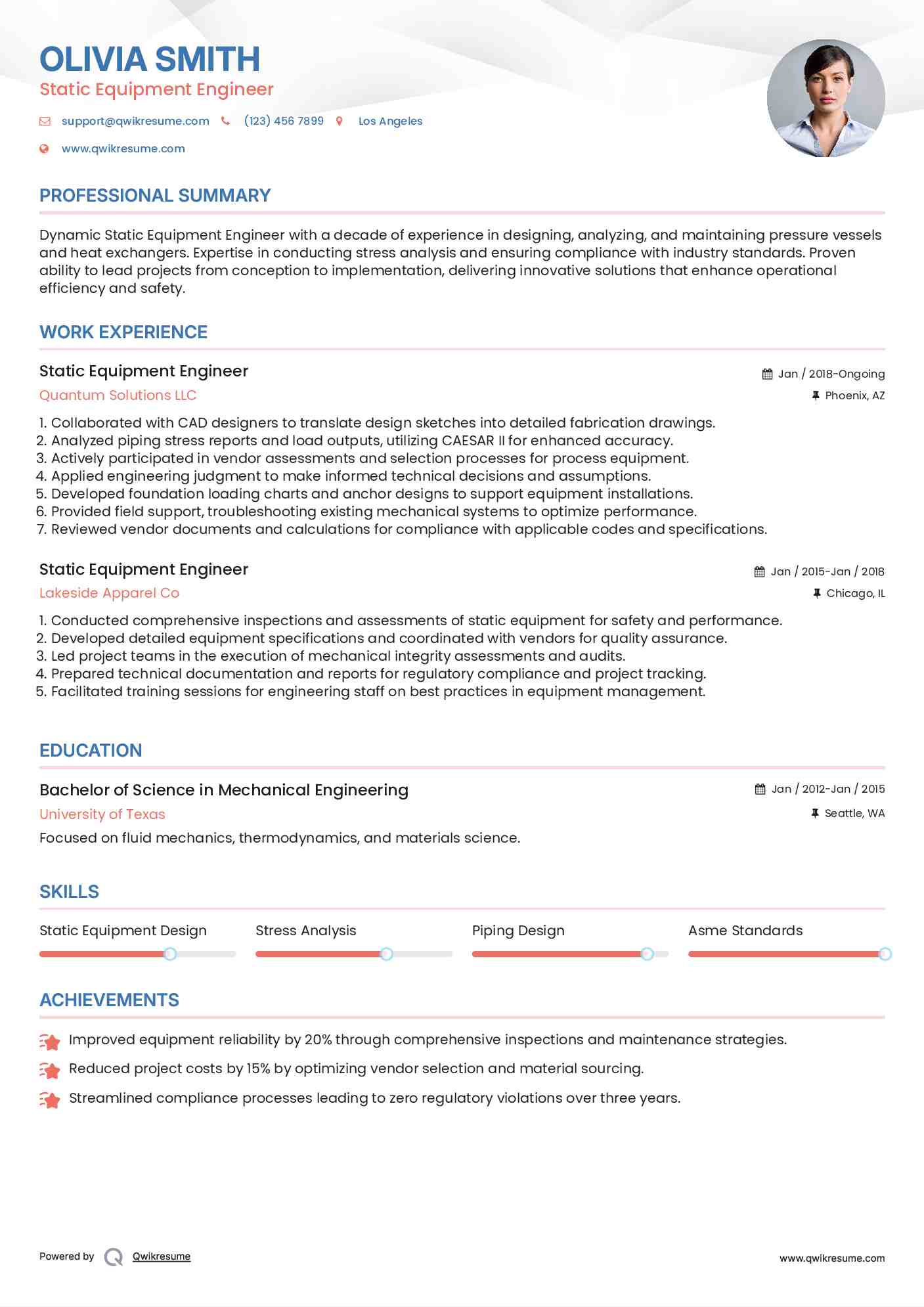 Static Equipment Engineer Resume Sample