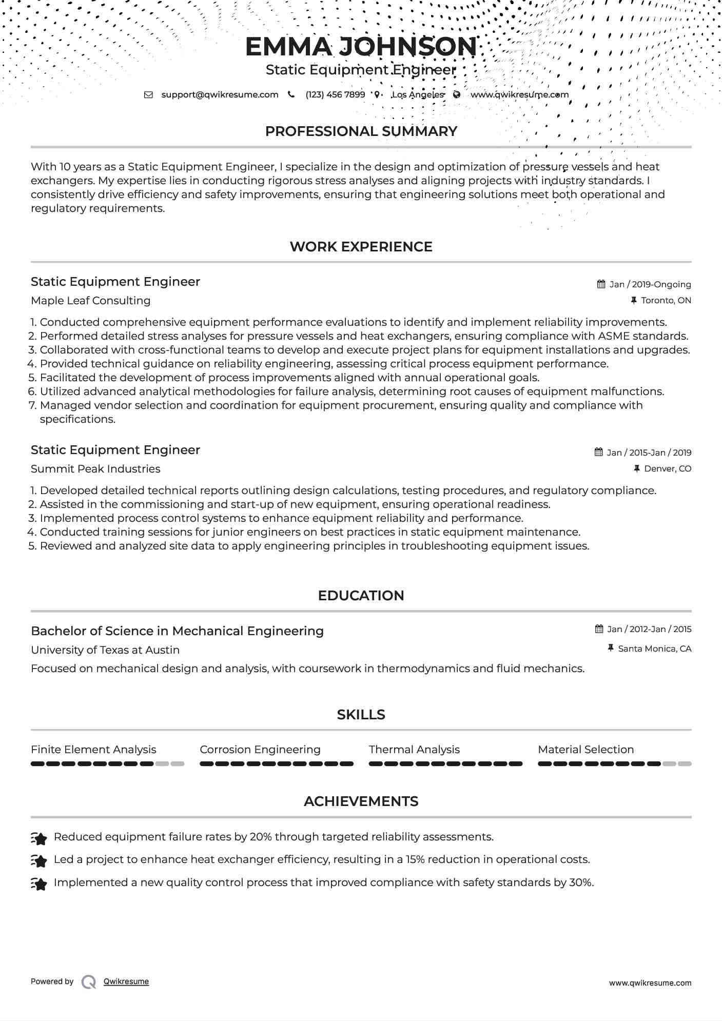 Static Equipment Engineer Resume Example