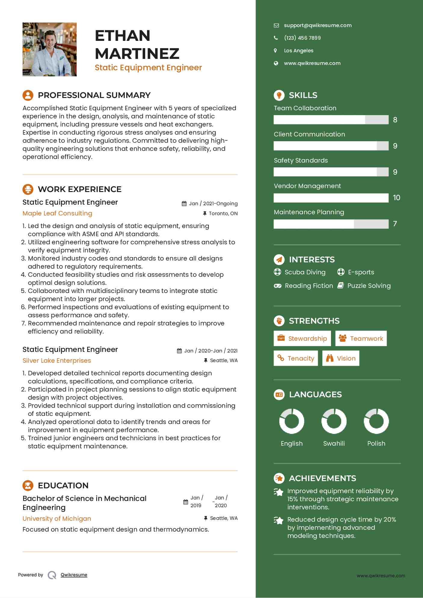 Static Equipment Engineer Resume Format