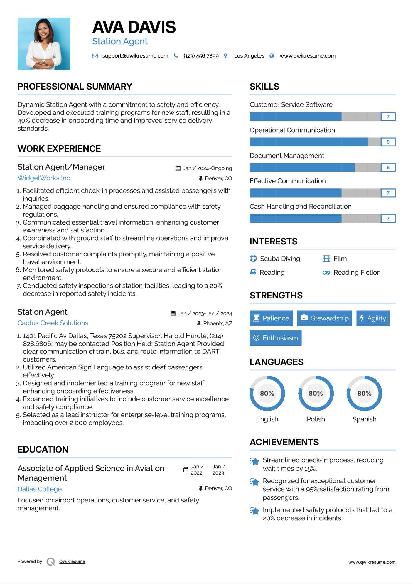 Station Agent/Manager Resume Sample