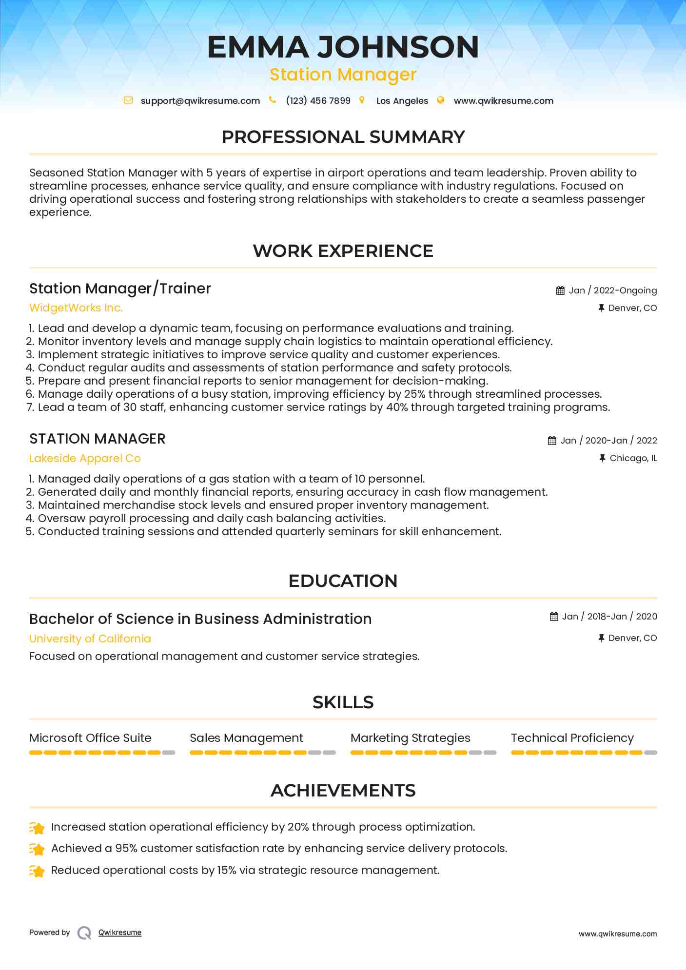Station Manager/Trainer Resume Template