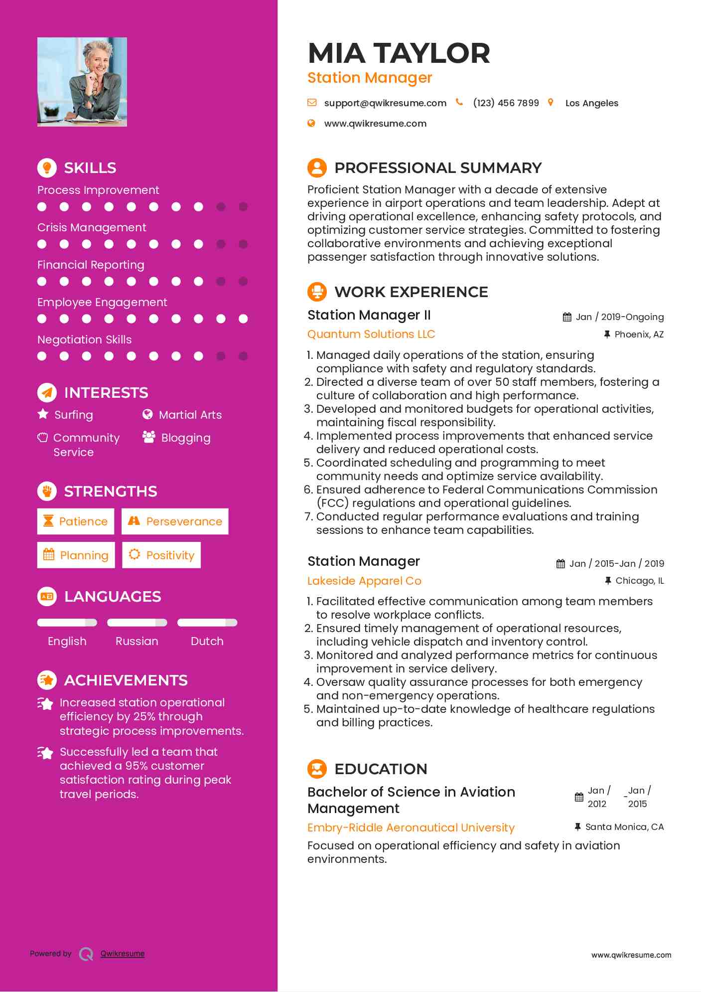 Station Manager II Resume Sample