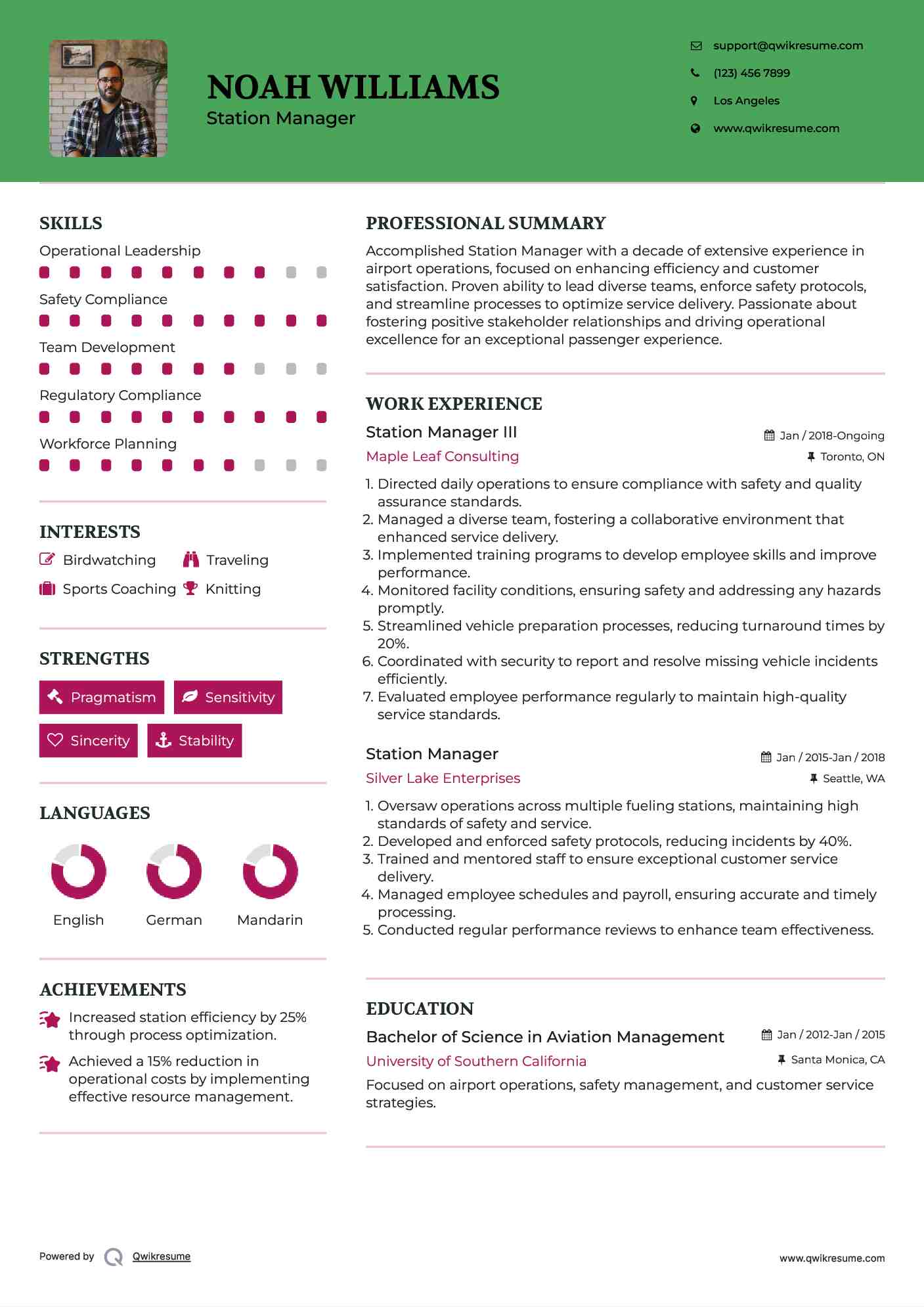 Station Manager III Resume Sample