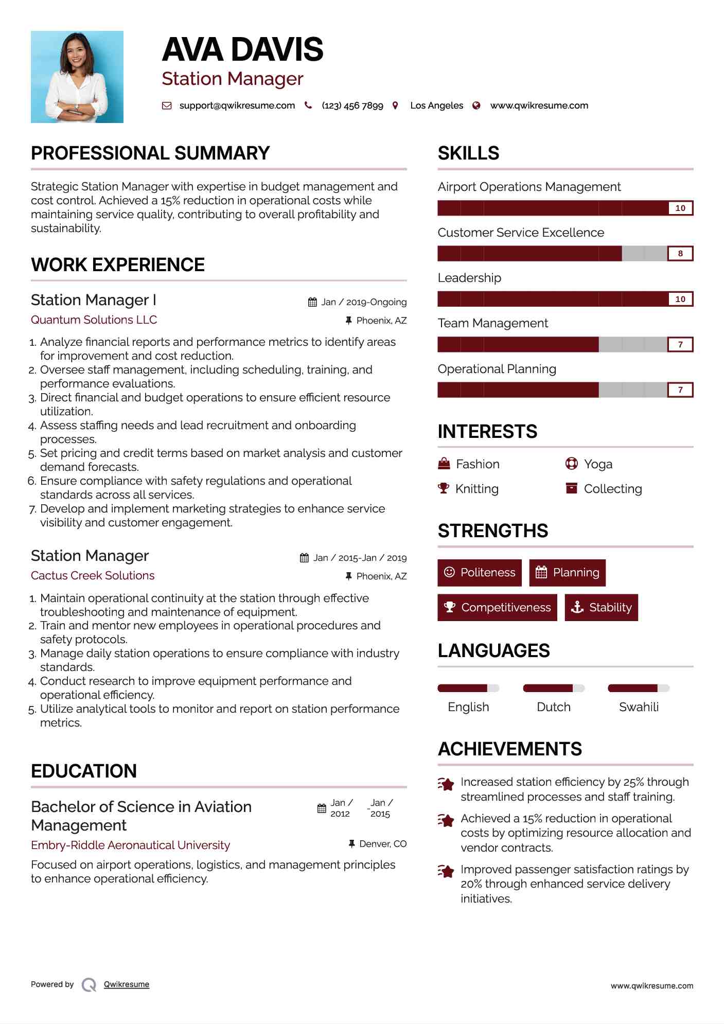 Station Manager I Resume Example