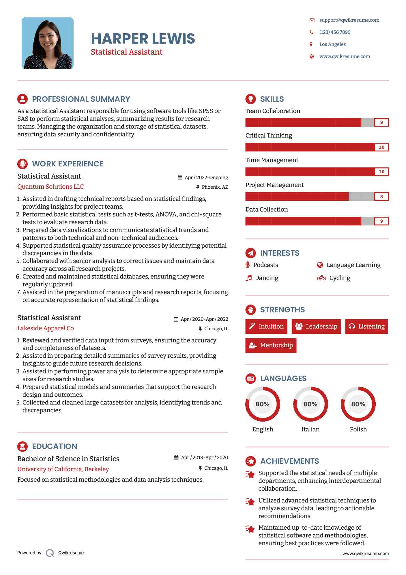 Statistical Assistant Resume Sample