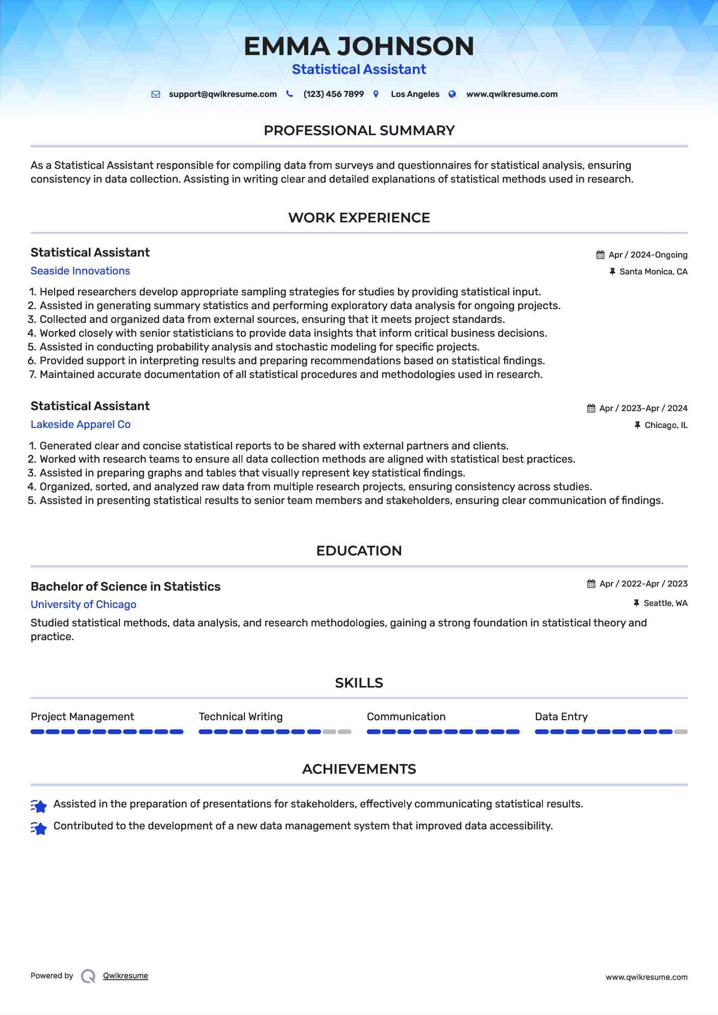Statistical Assistant Resume Format