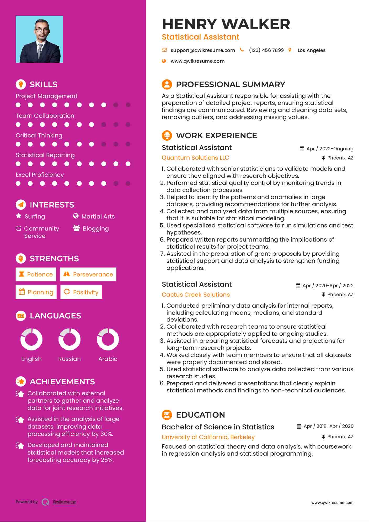 Statistical Assistant Resume Example