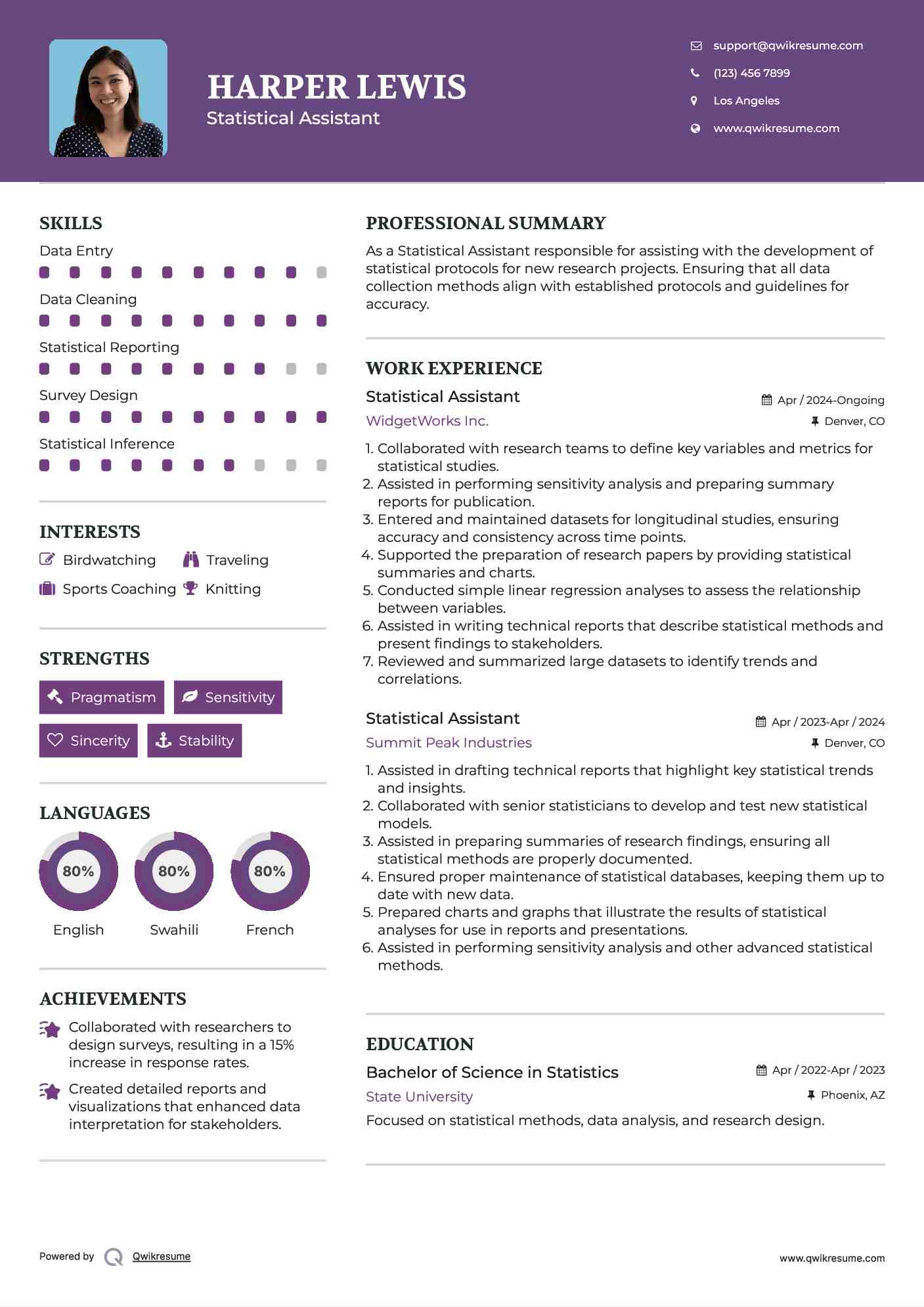 Statistical Assistant Resume Example